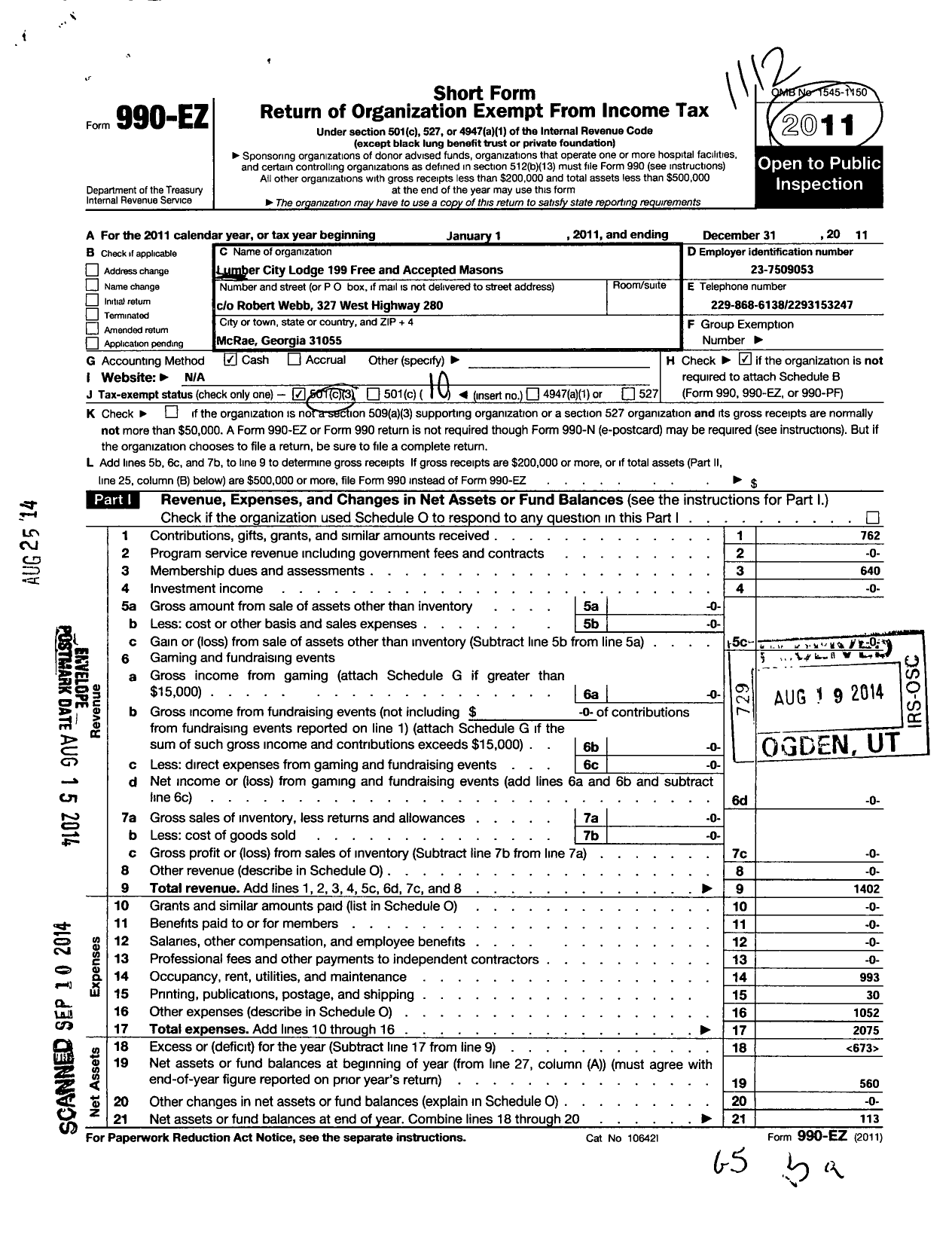 Image of first page of 2011 Form 990EO for Lumber City Lodge 199 Free and Accepted Masons