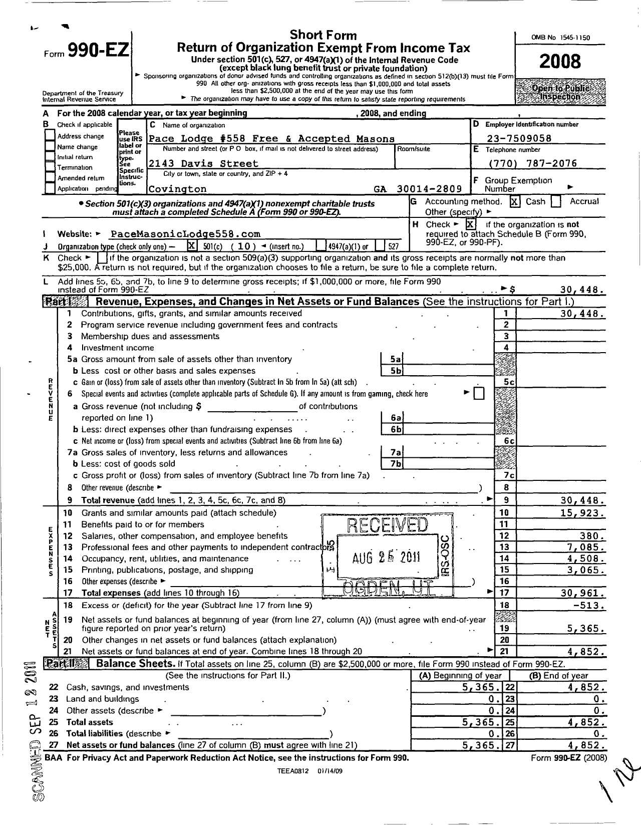 Image of first page of 2008 Form 990EO for Pace Lodge 558 Free and Accepted Masons