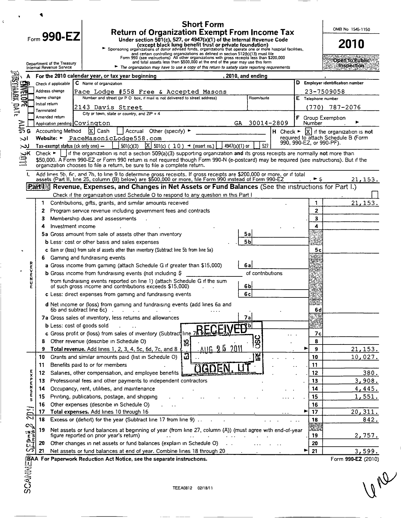 Image of first page of 2010 Form 990EO for Pace Lodge 558 Free and Accepted Masons