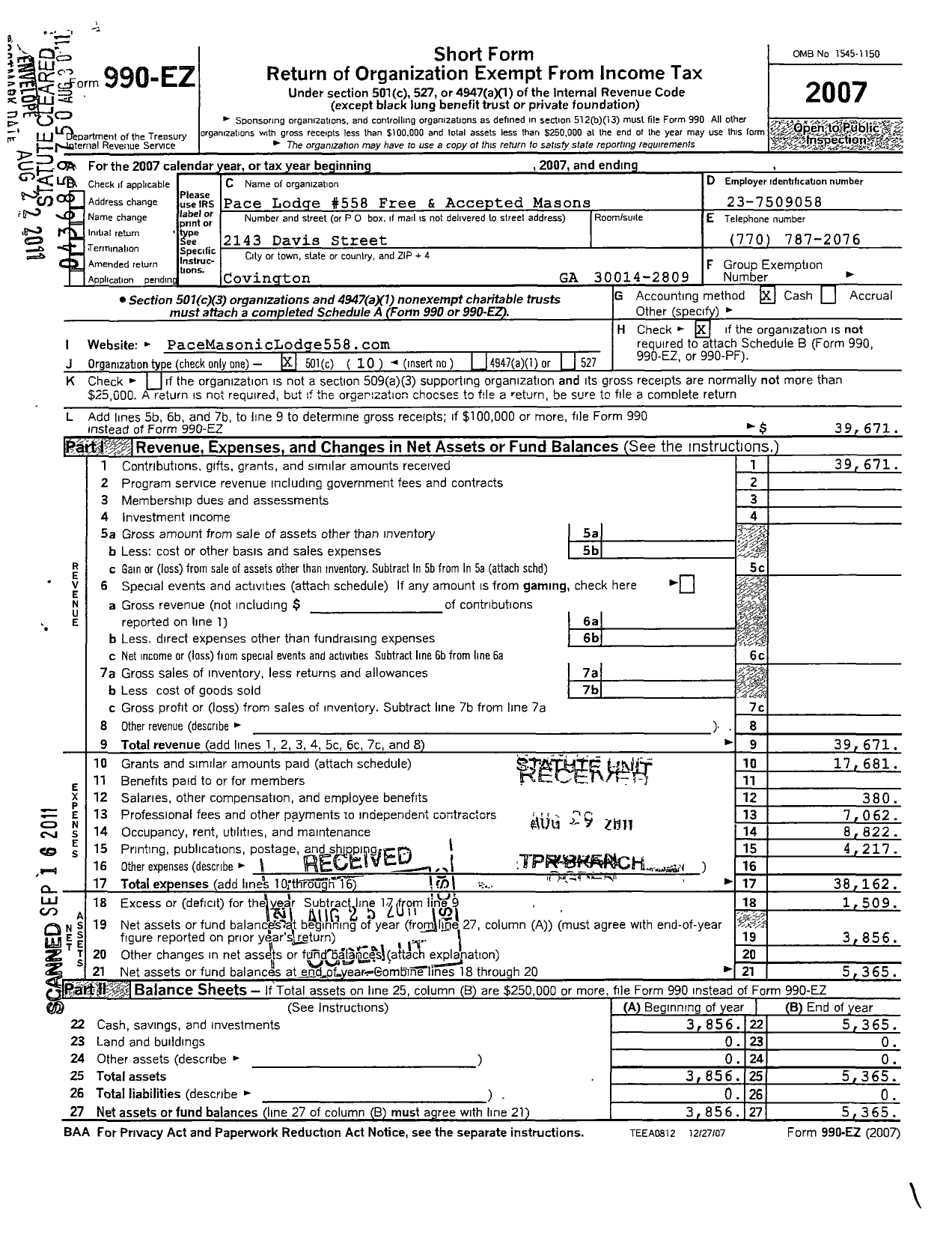 Image of first page of 2007 Form 990EO for Pace Lodge 558 Free and Accepted Masons