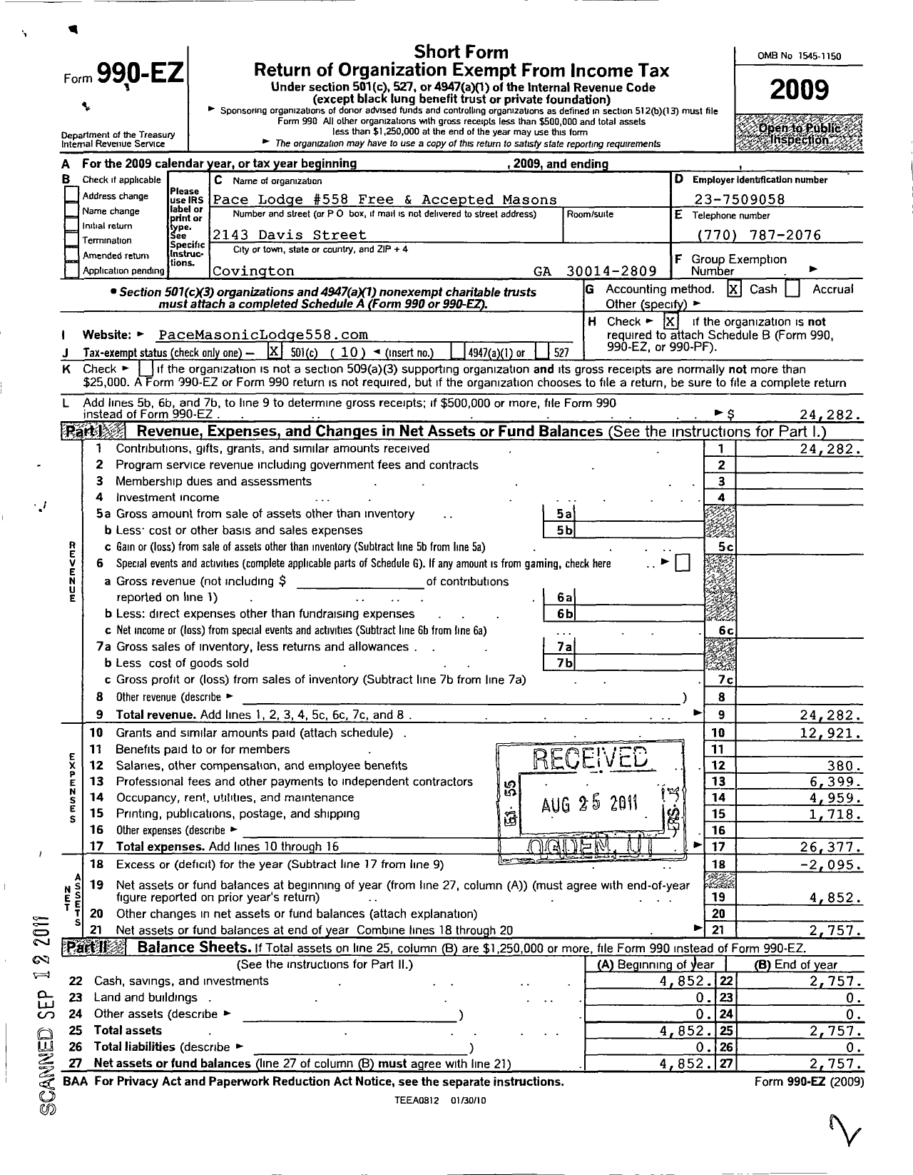 Image of first page of 2009 Form 990EO for Pace Lodge 558 Free and Accepted Masons