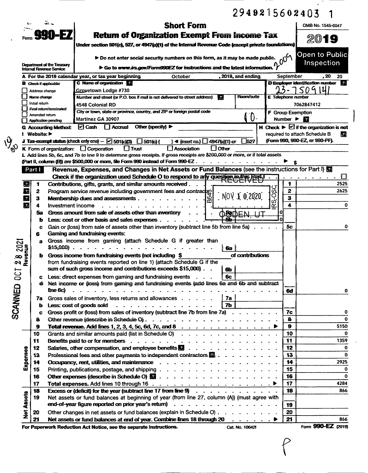 Image of first page of 2019 Form 990EO for Free & Accepted Masons of Georgia - 730 Grovetown