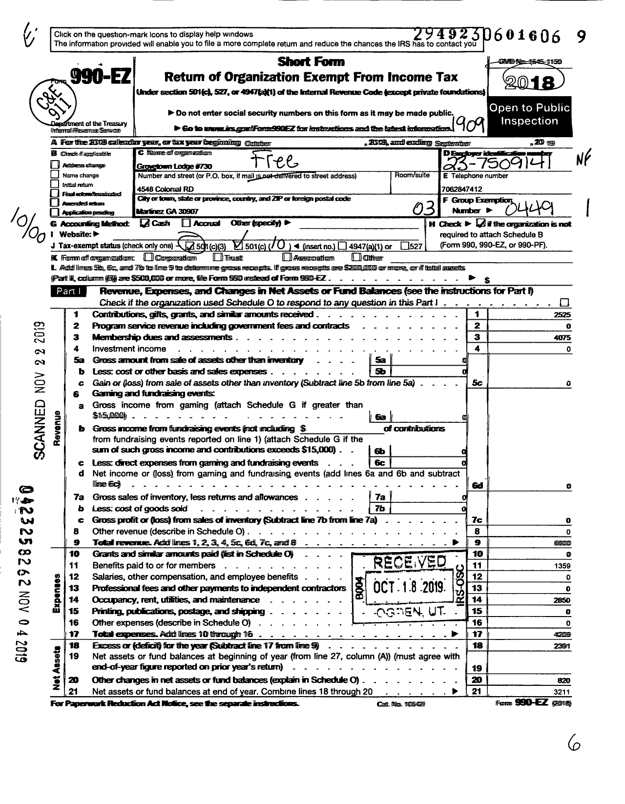 Image of first page of 2018 Form 990EO for Free & Accepted Masons of Georgia - 730 Grovetown