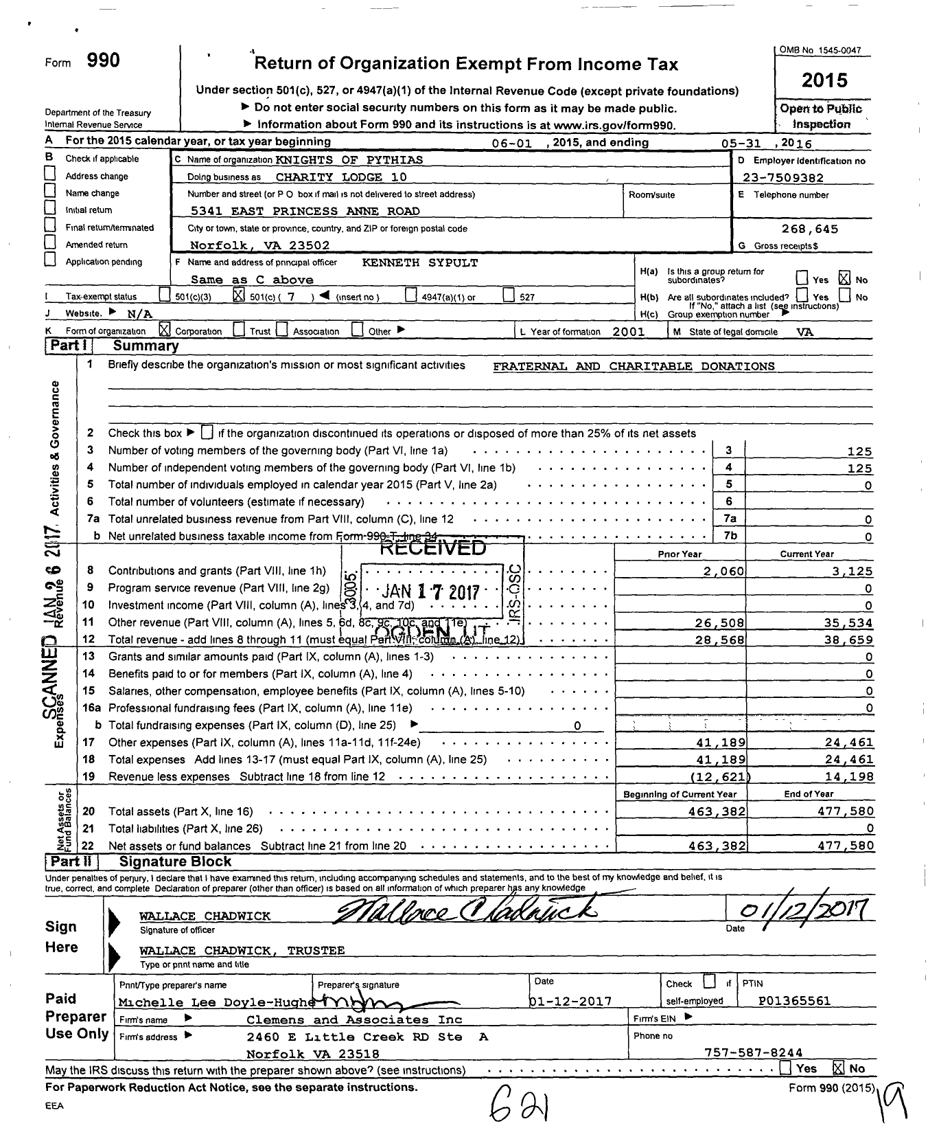 Image of first page of 2015 Form 990O for Knights of Pythias Virginia - 10 Charity Lodge