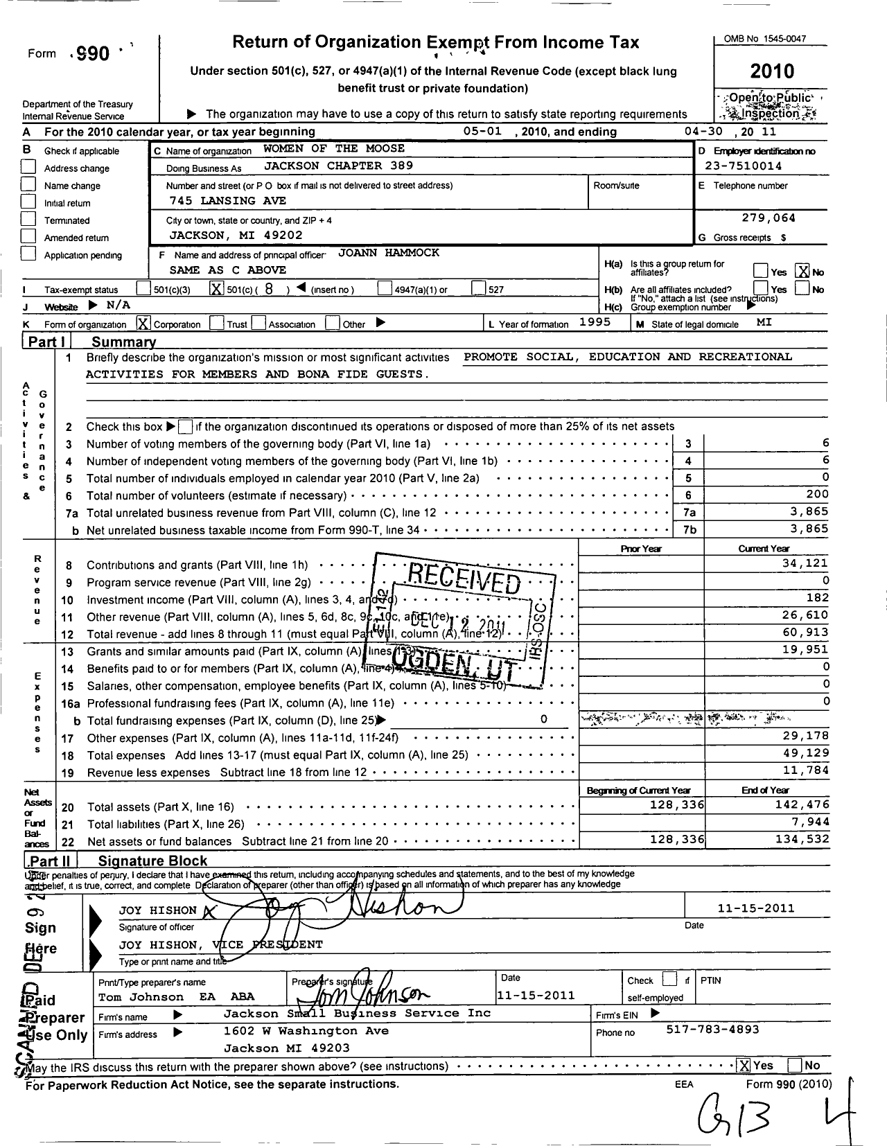 Image of first page of 2010 Form 990O for Free and Accepted Masons of Tennessee - 605 Clarkrange