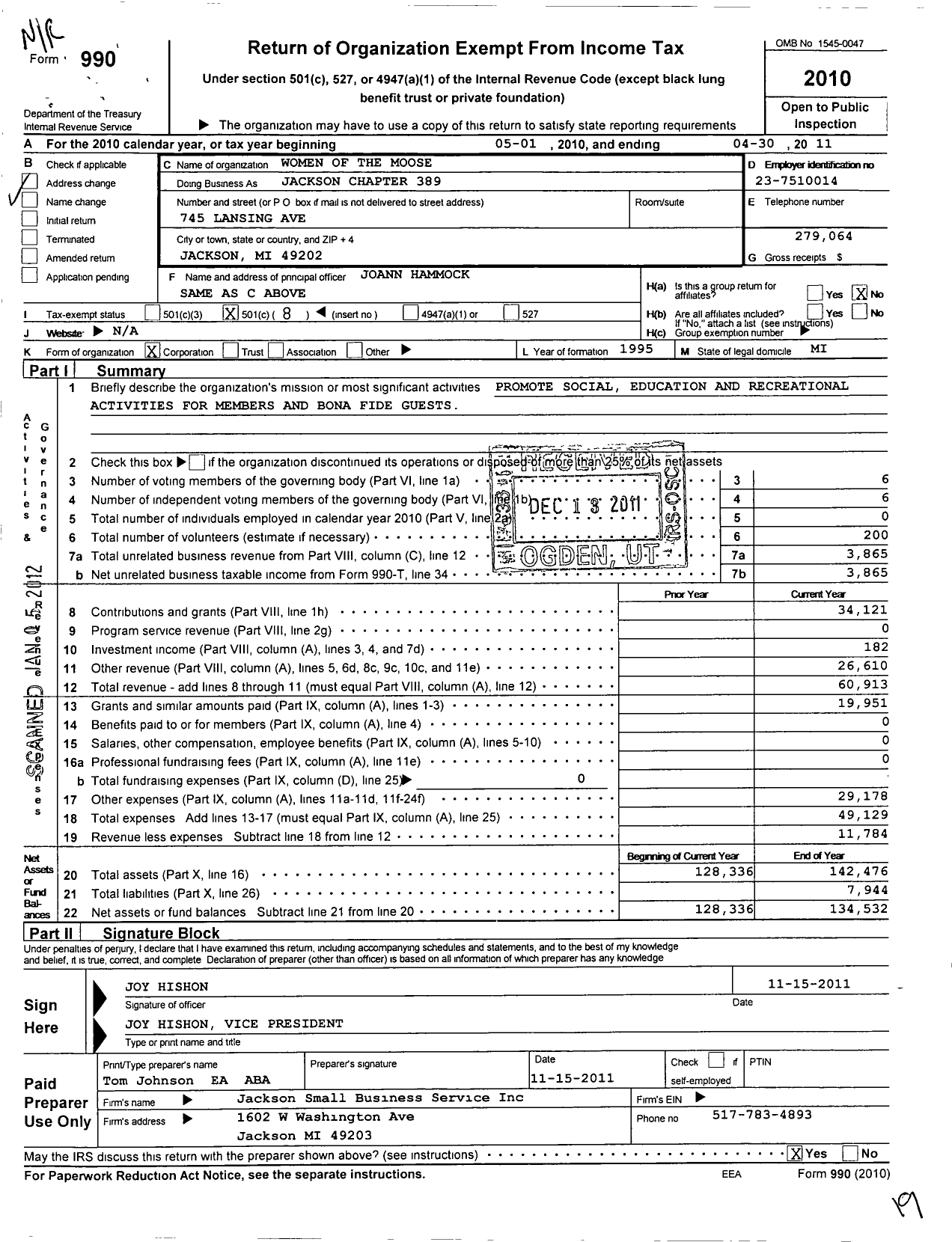 Image of first page of 2010 Form 990O for Free and Accepted Masons of Tennessee - 605 Clarkrange