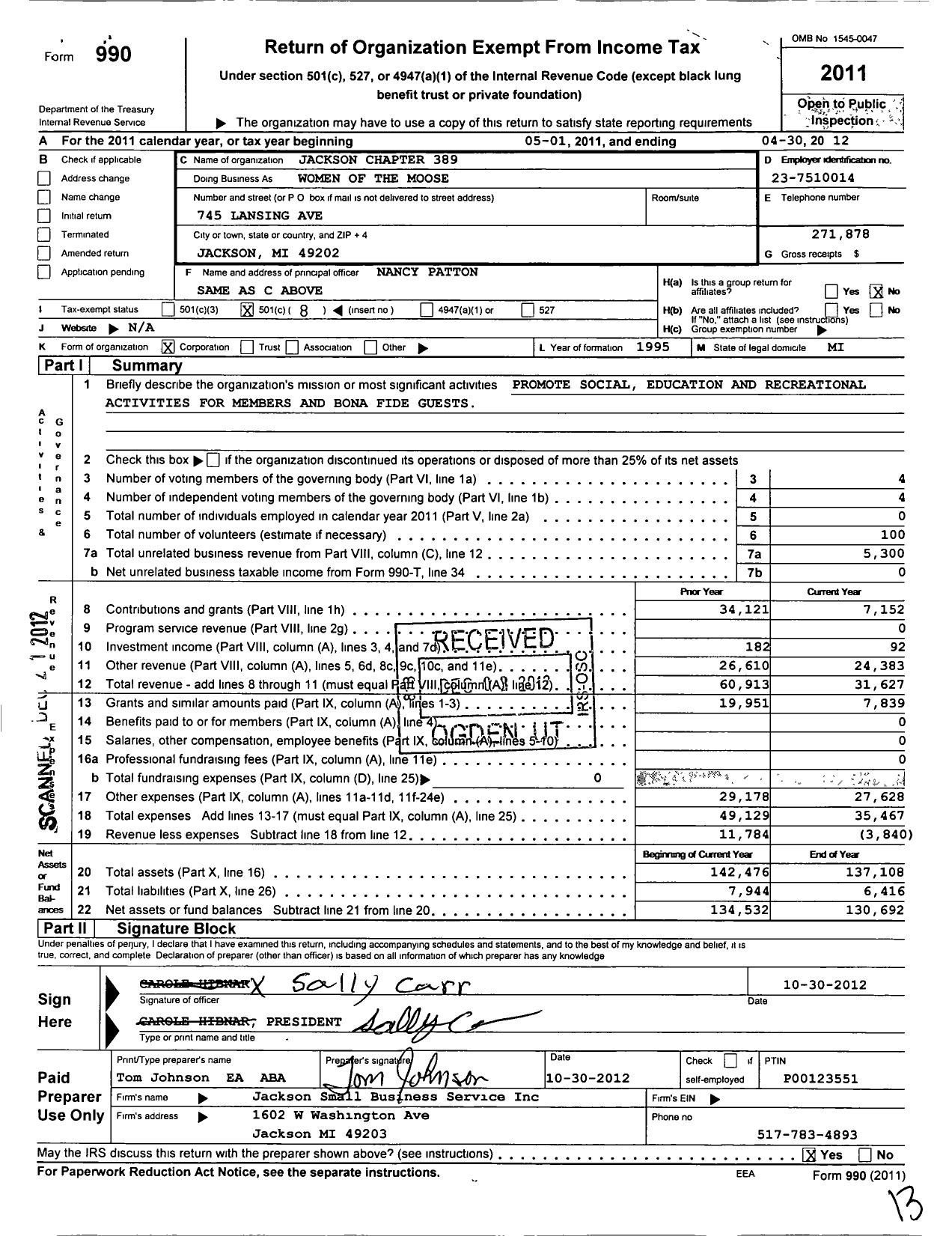 Image of first page of 2011 Form 990O for Free and Accepted Masons of Tennessee - 605 Clarkrange