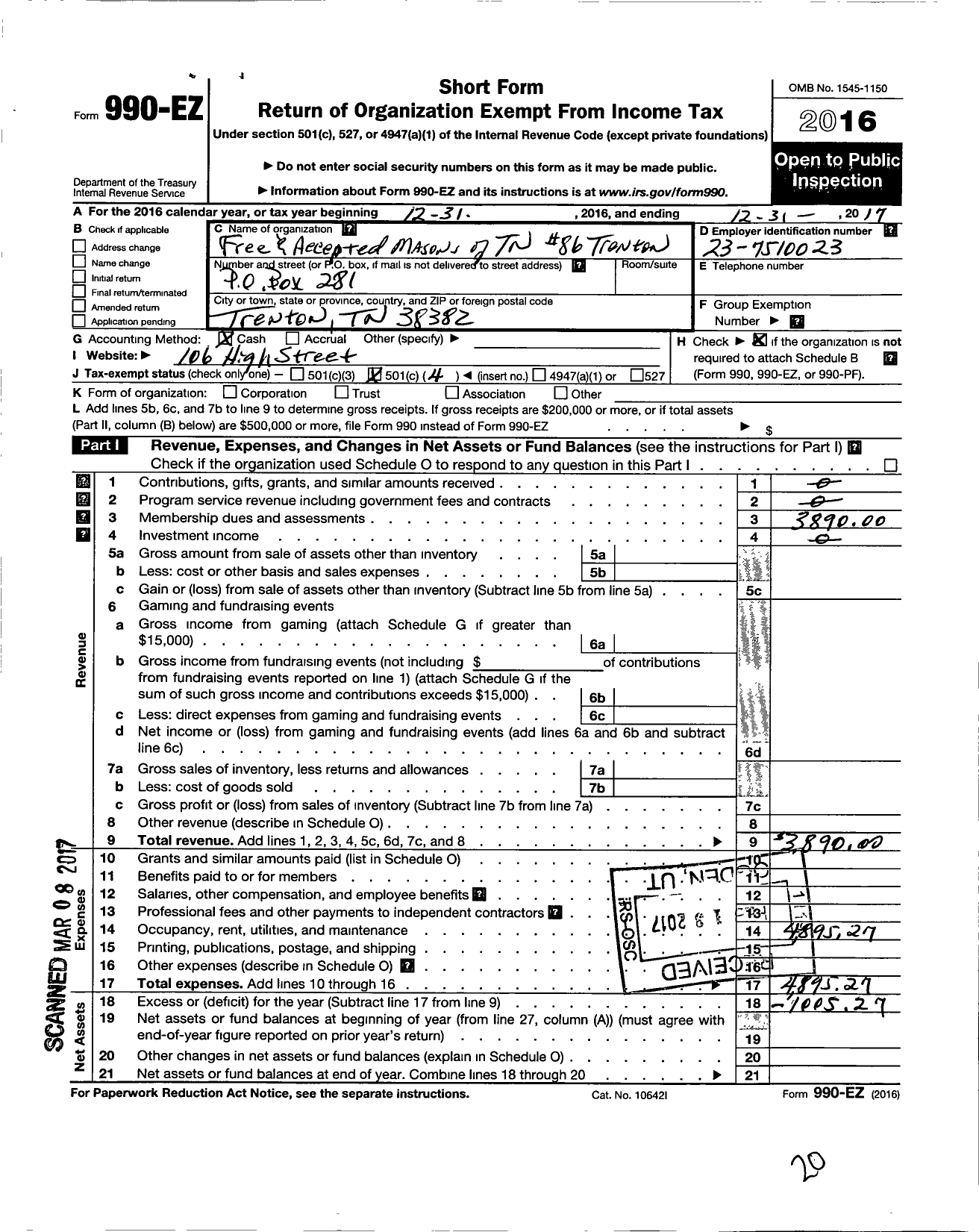 Image of first page of 2017 Form 990EO for Free and Accepted Masons of Tennessee - 86 Trenton