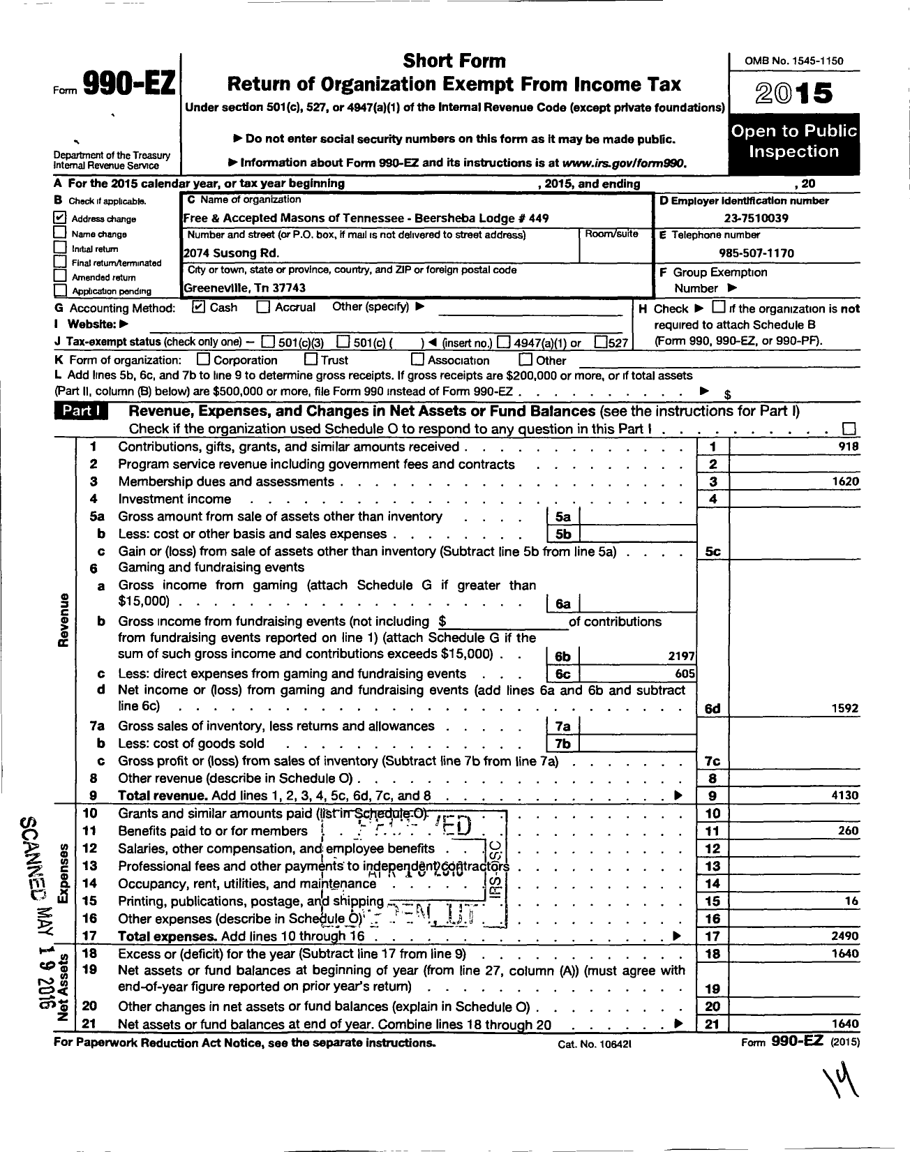 Image of first page of 2015 Form 990EO for Free and Accepted Masons of Tennessee - 449 Beersheba