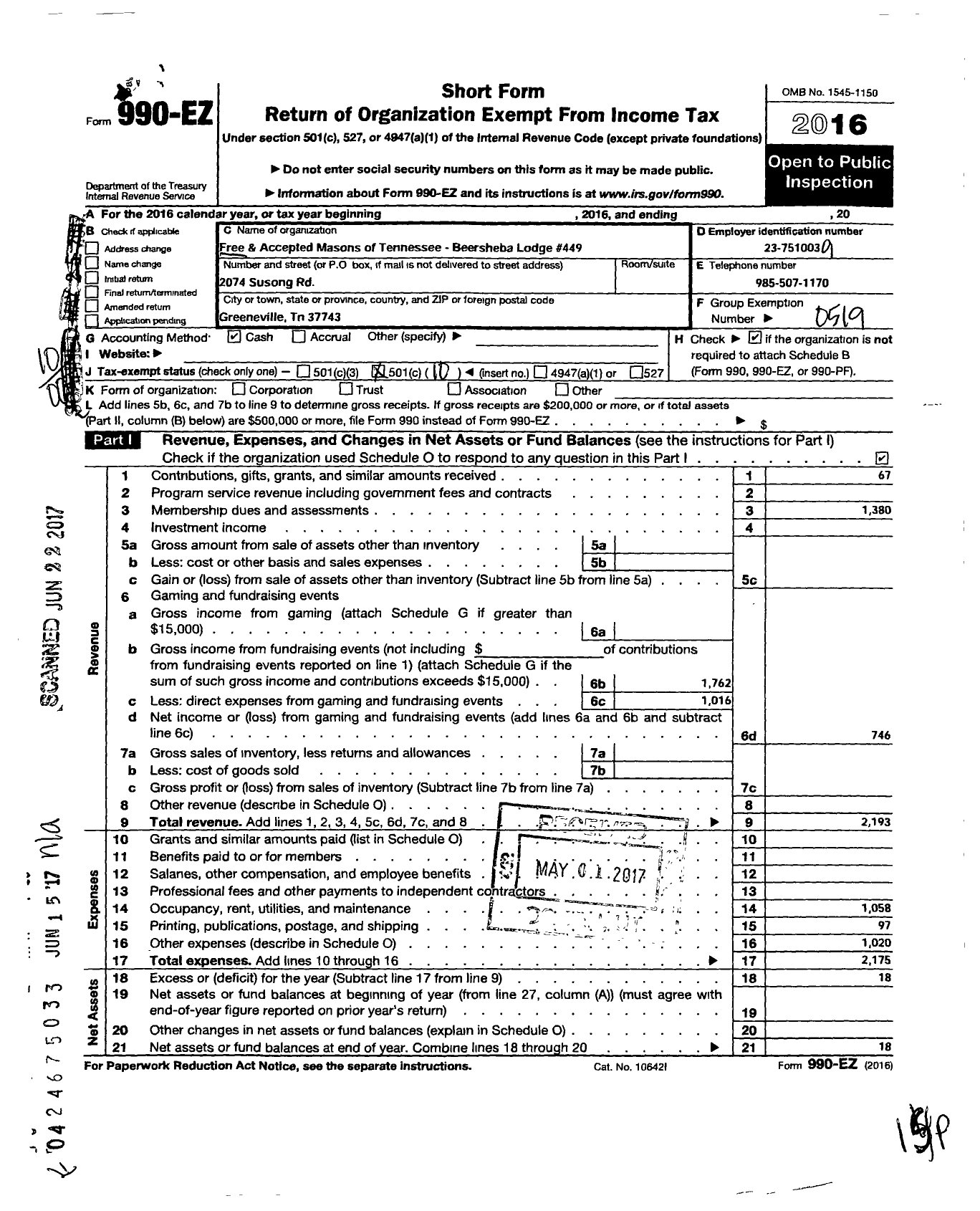 Image of first page of 2016 Form 990EO for Free and Accepted Masons of Tennessee - 449 Beersheba