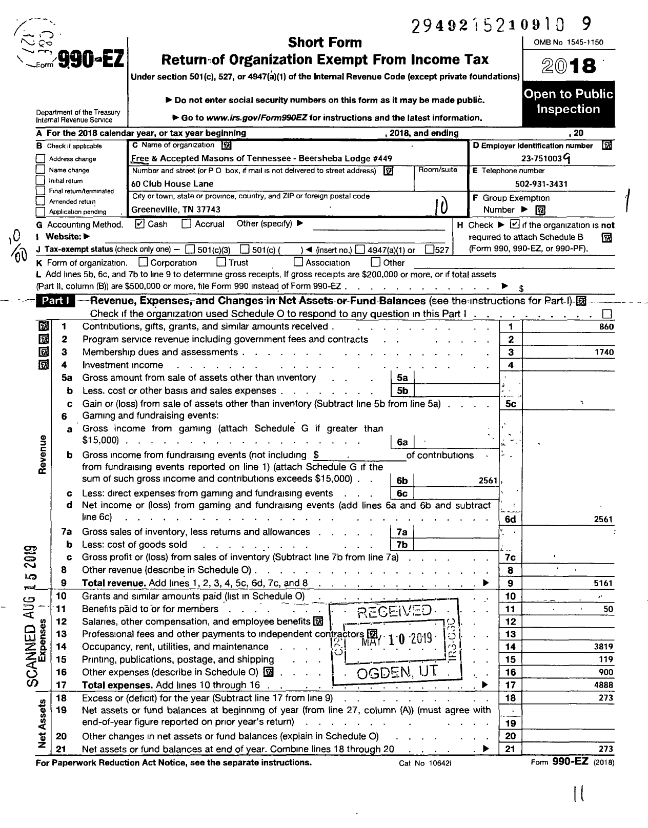 Image of first page of 2018 Form 990EO for Free and Accepted Masons of Tennessee - 449 Beersheba