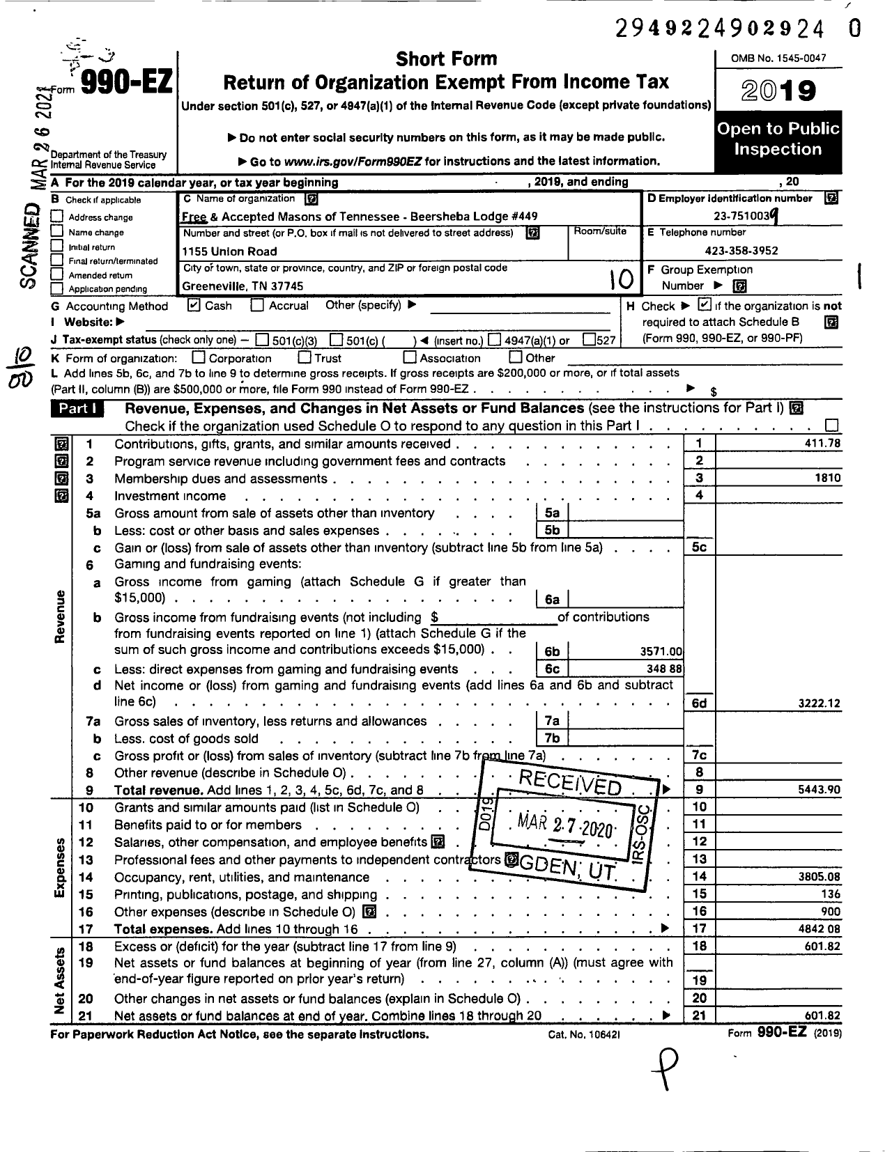 Image of first page of 2019 Form 990EO for Free and Accepted Masons of Tennessee - 449 Beersheba