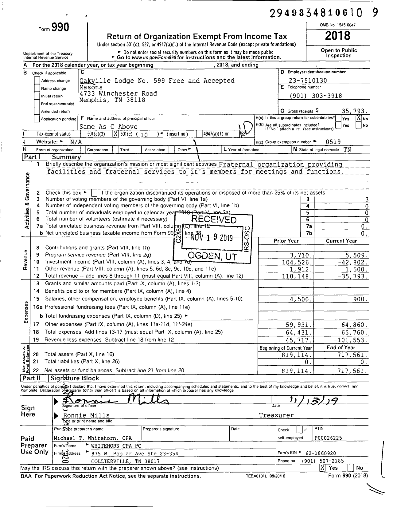 Image of first page of 2018 Form 990O for Free and Accepted Masons of Tennessee - 599 Oakville