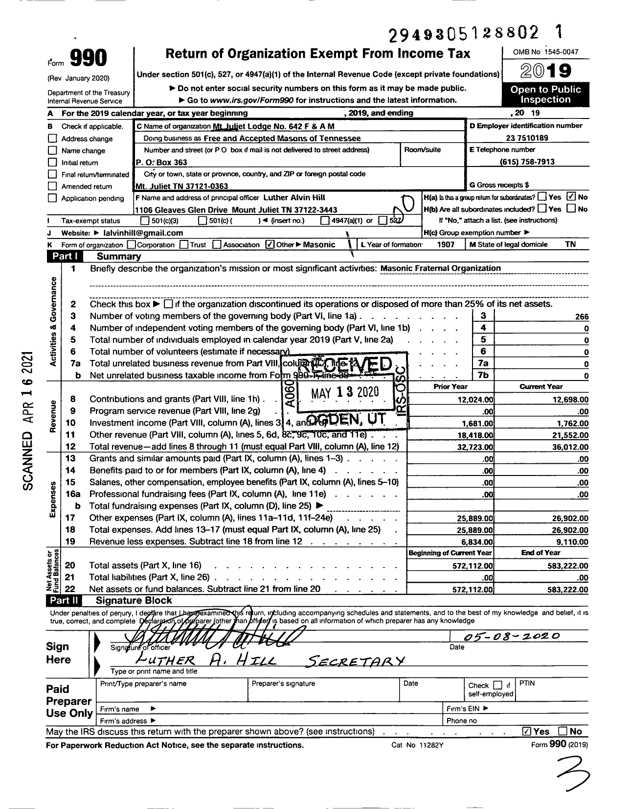 Image of first page of 2019 Form 990O for Free and Accepted Masons of Tennessee - 642 MT Juliet