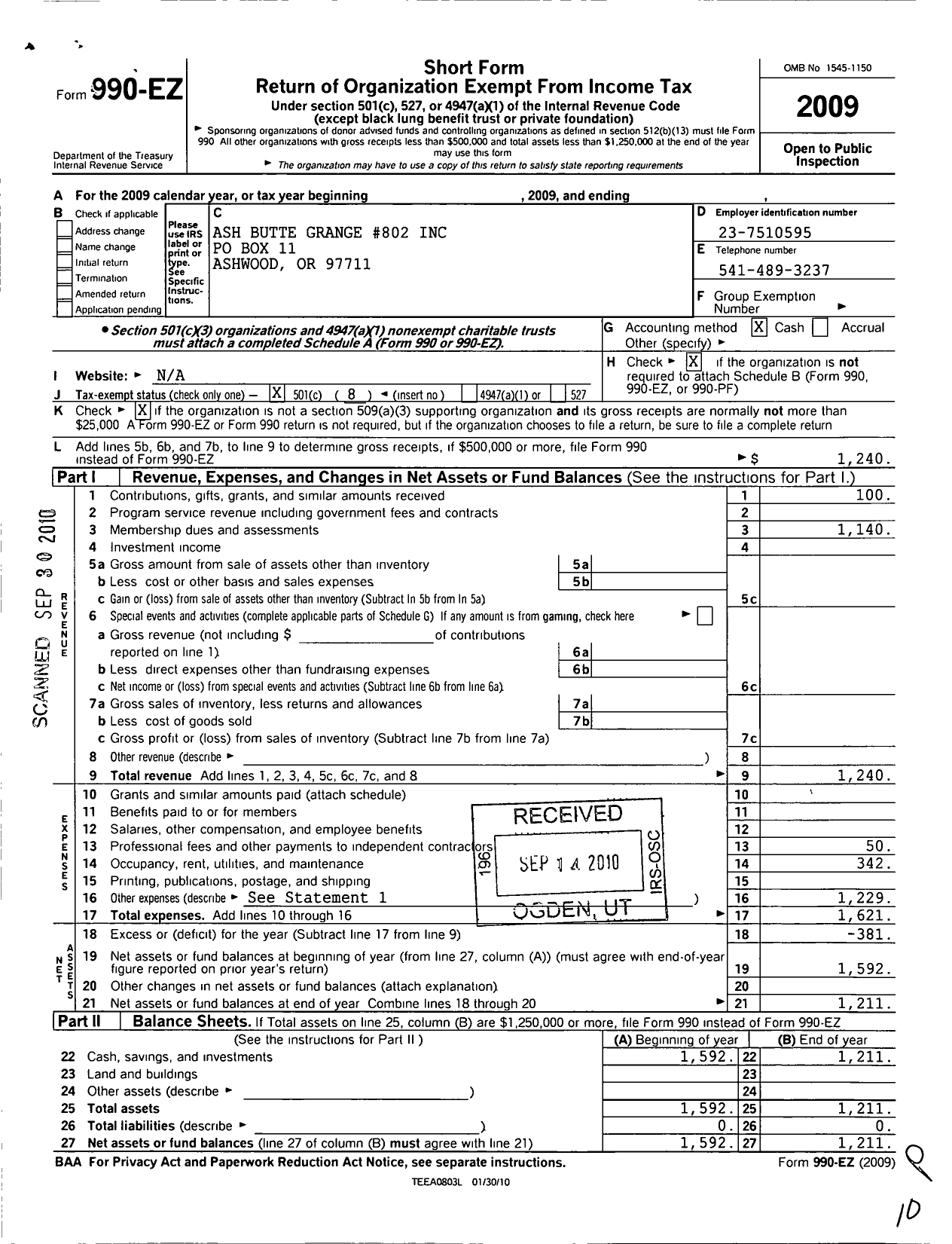 Image of first page of 2009 Form 990EO for Oregon State Grange Patrons of Husbandry - 802 Ash Butte