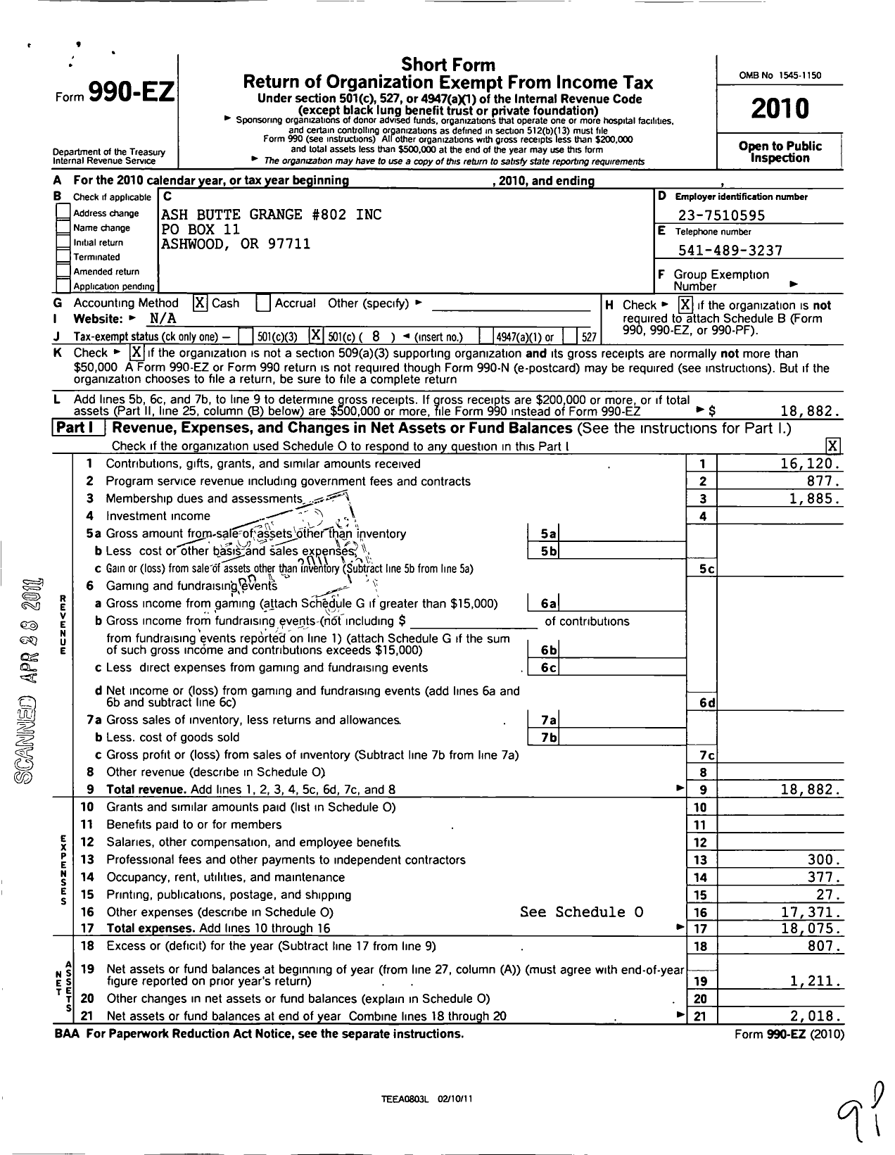 Image of first page of 2010 Form 990EO for Oregon State Grange Patrons of Husbandry - 802 Ash Butte