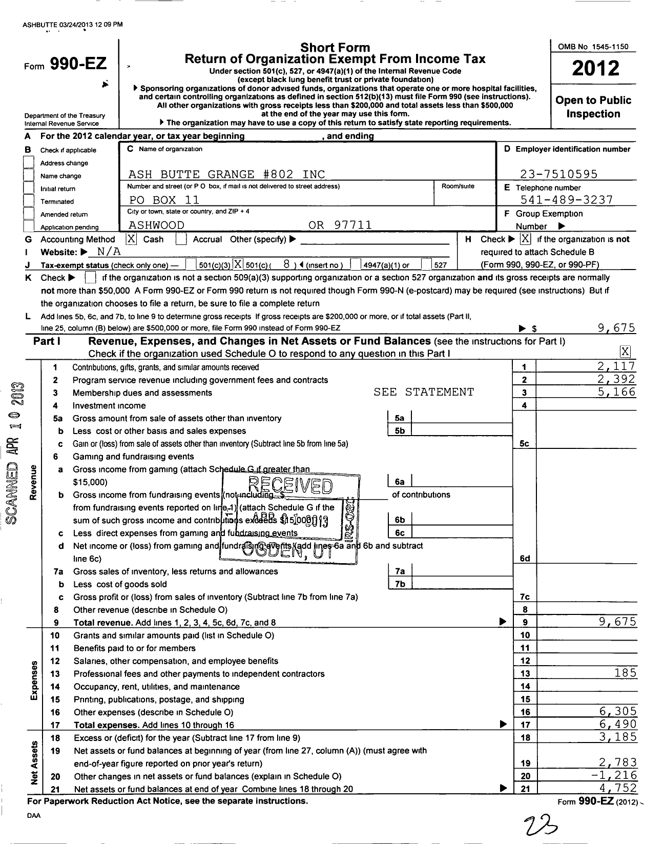 Image of first page of 2012 Form 990EO for Oregon State Grange Patrons of Husbandry - 802 Ash Butte