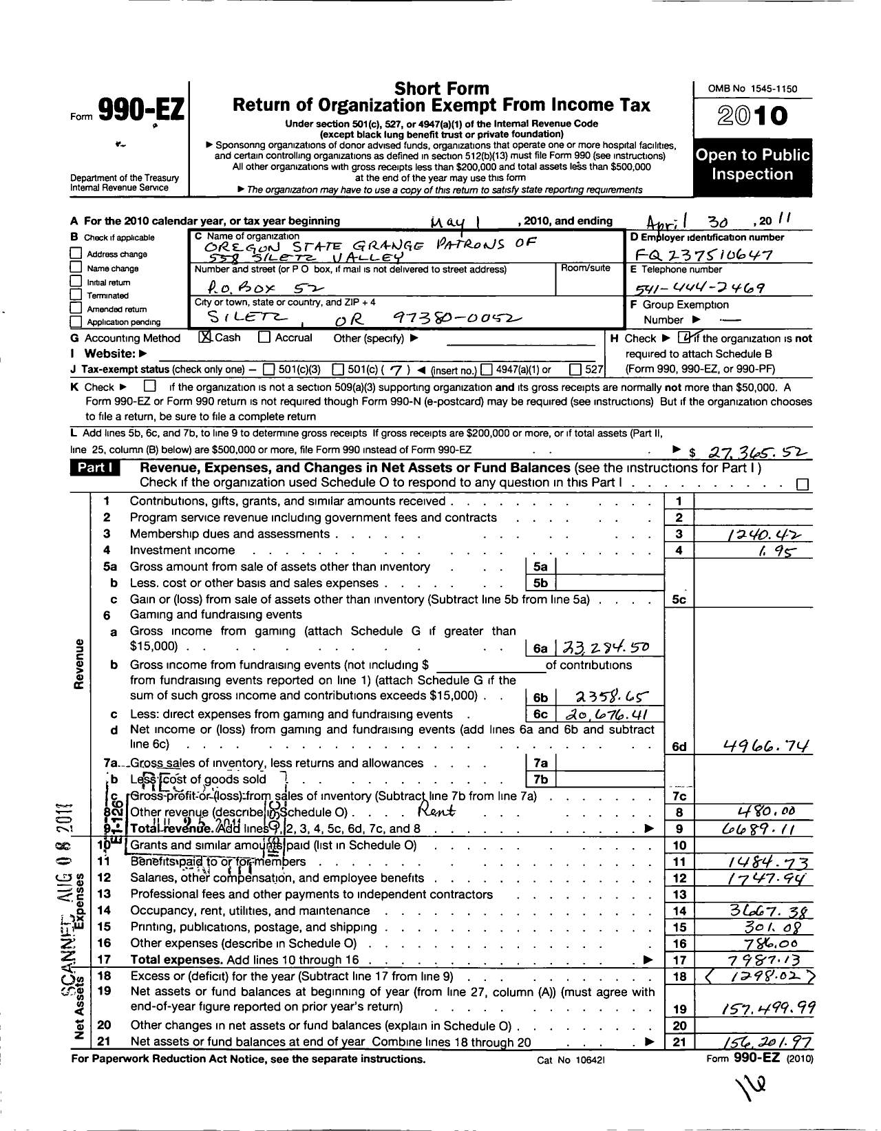 Image of first page of 2010 Form 990EO for Oregon State Grange Patrons of Husbandry - 558 Siletz Valley