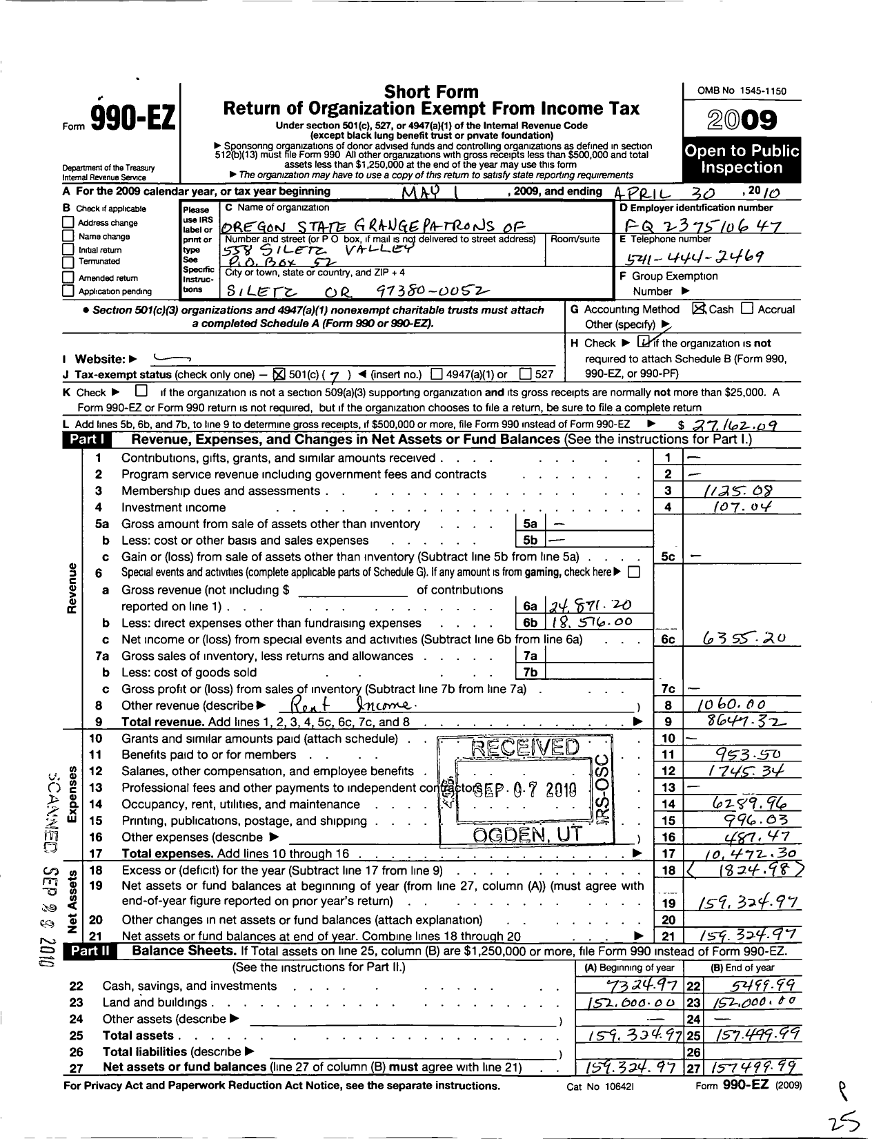 Image of first page of 2009 Form 990EO for Oregon State Grange Patrons of Husbandry - 558 Siletz Valley