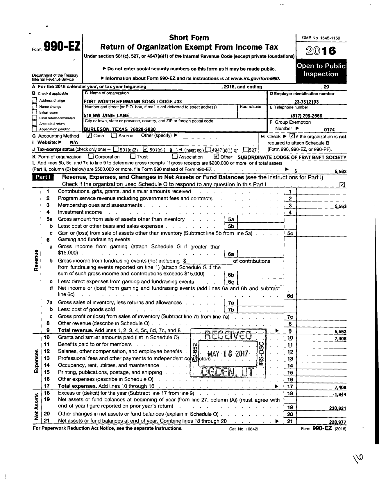 Image of first page of 2016 Form 990EO for Hermann Sons Life / Fort Worth