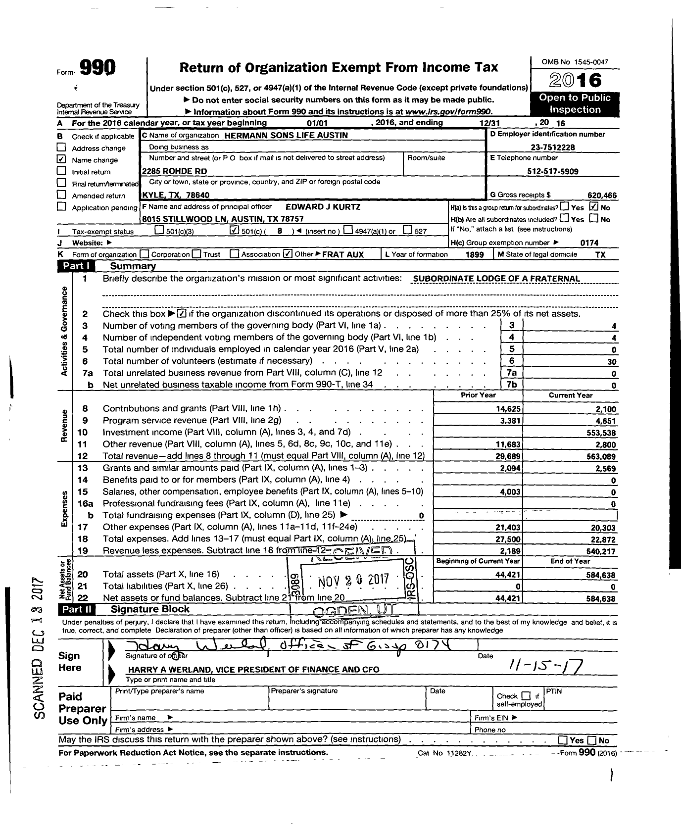 Image of first page of 2016 Form 990O for Hermann Sons Life / Austin