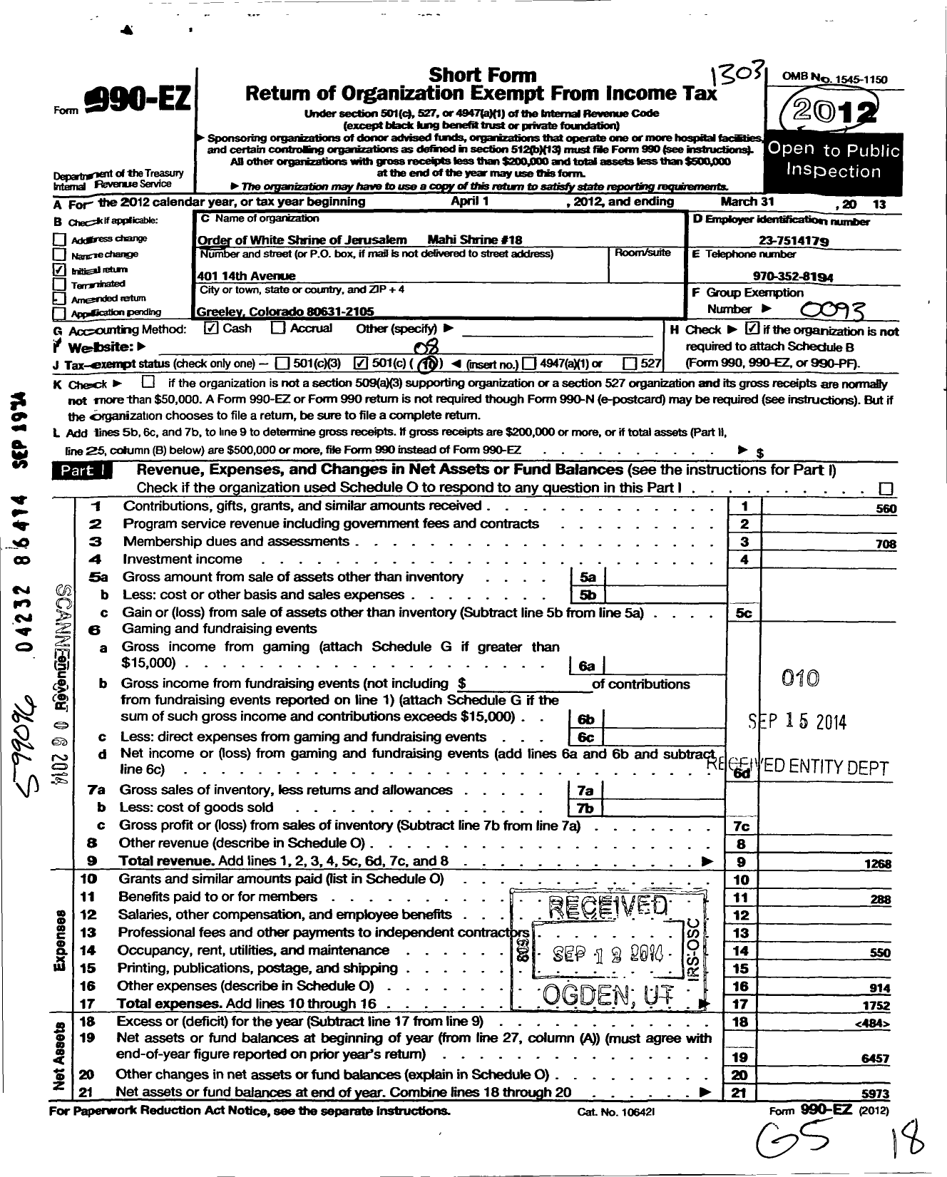 Image of first page of 2012 Form 990EO for Order of the White Shrine of Jerusalem - 18 Mahi Shrine