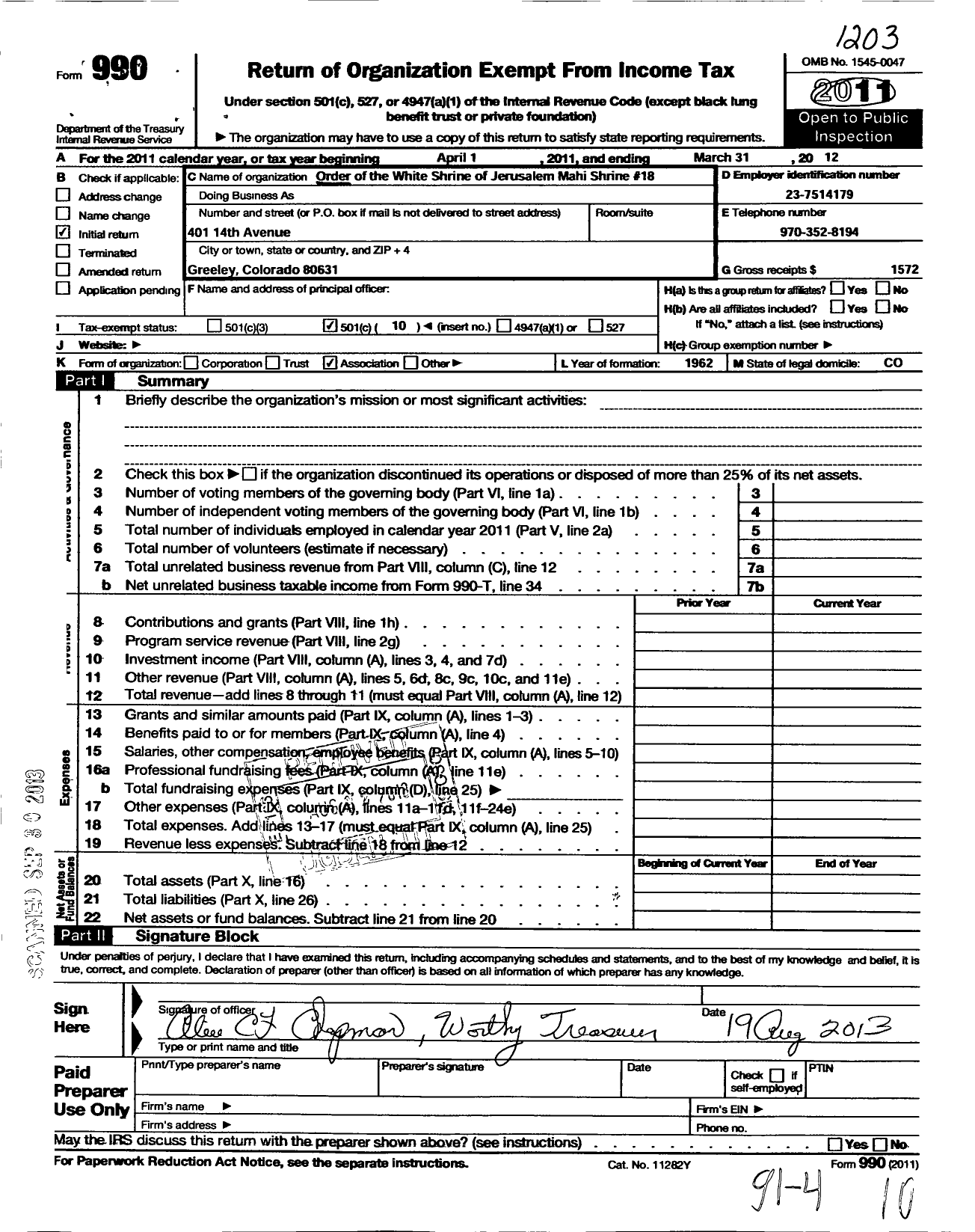 Image of first page of 2011 Form 990O for Order of the White Shrine of Jerusalem - 18 Mahi Shrine