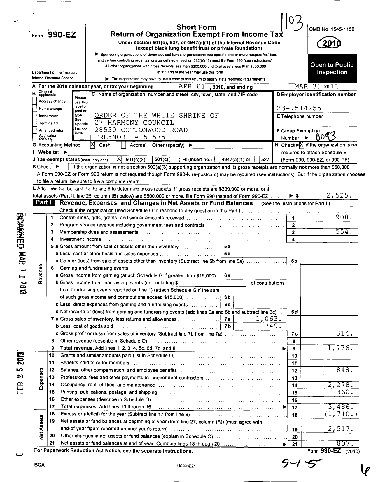 Image of first page of 2010 Form 990EZ for Order of the White Shrine of Jerusalem - 27 Harmony Council