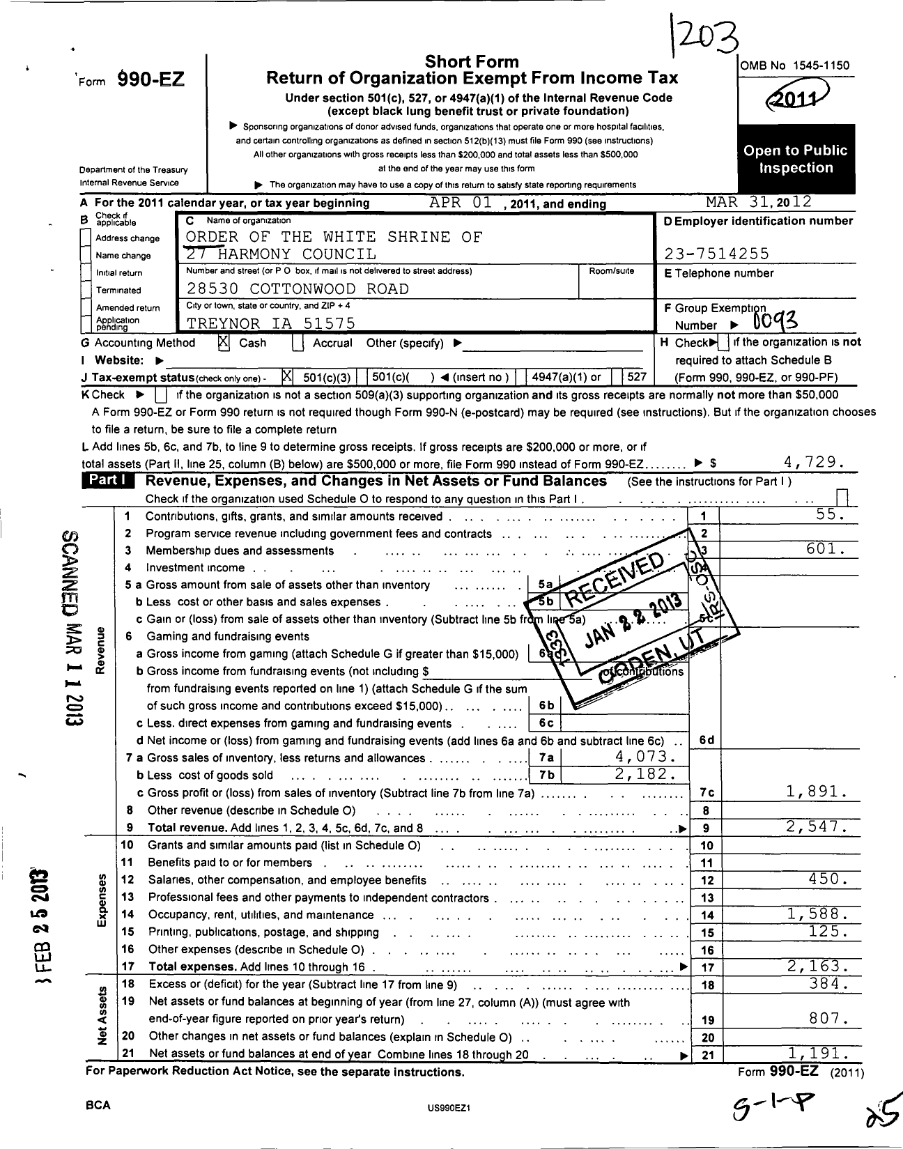 Image of first page of 2011 Form 990EZ for Order of the White Shrine of Jerusalem - 27 Harmony Council