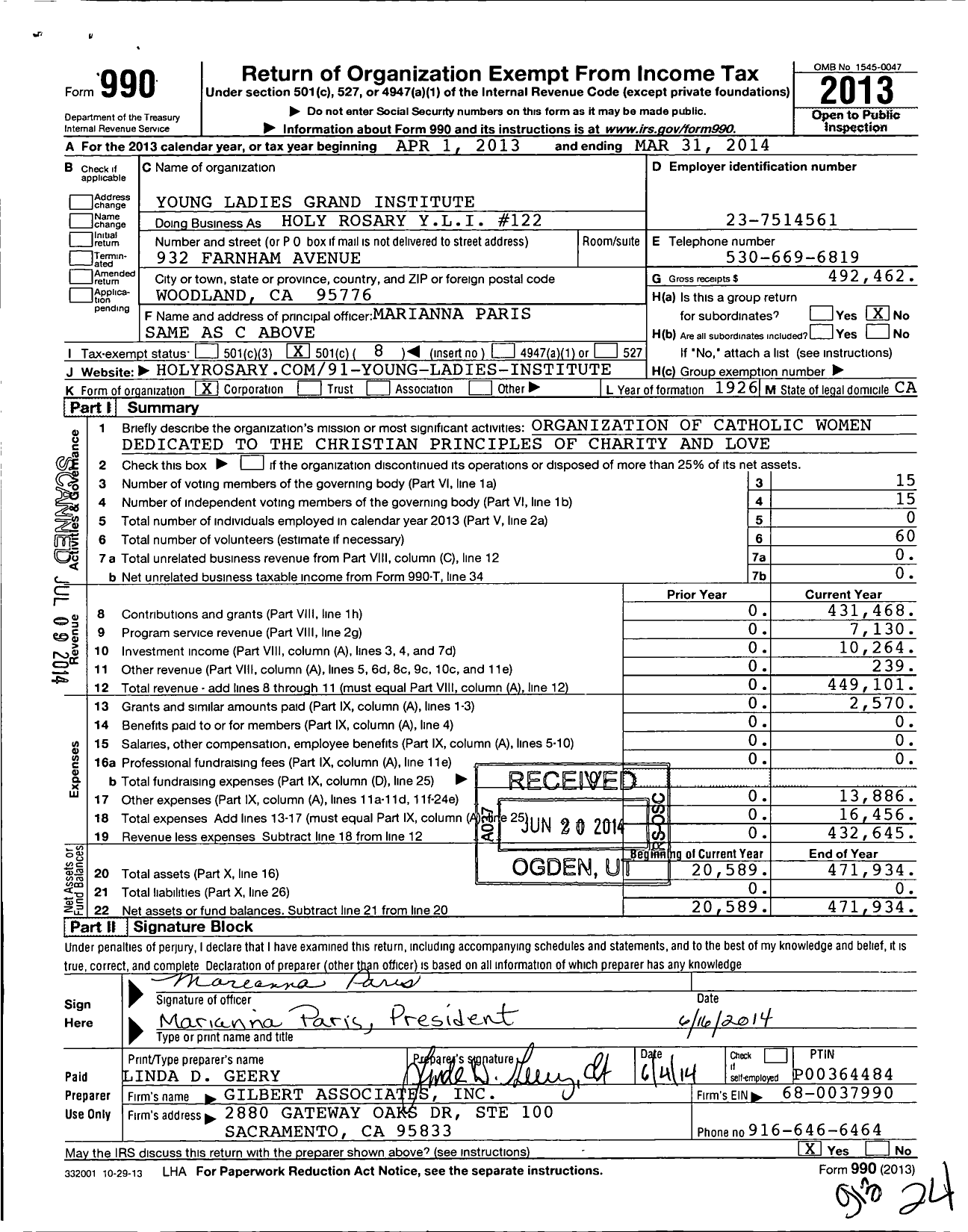 Image of first page of 2013 Form 990O for Young Ladies Grand Institute - 122 Holy Rosary