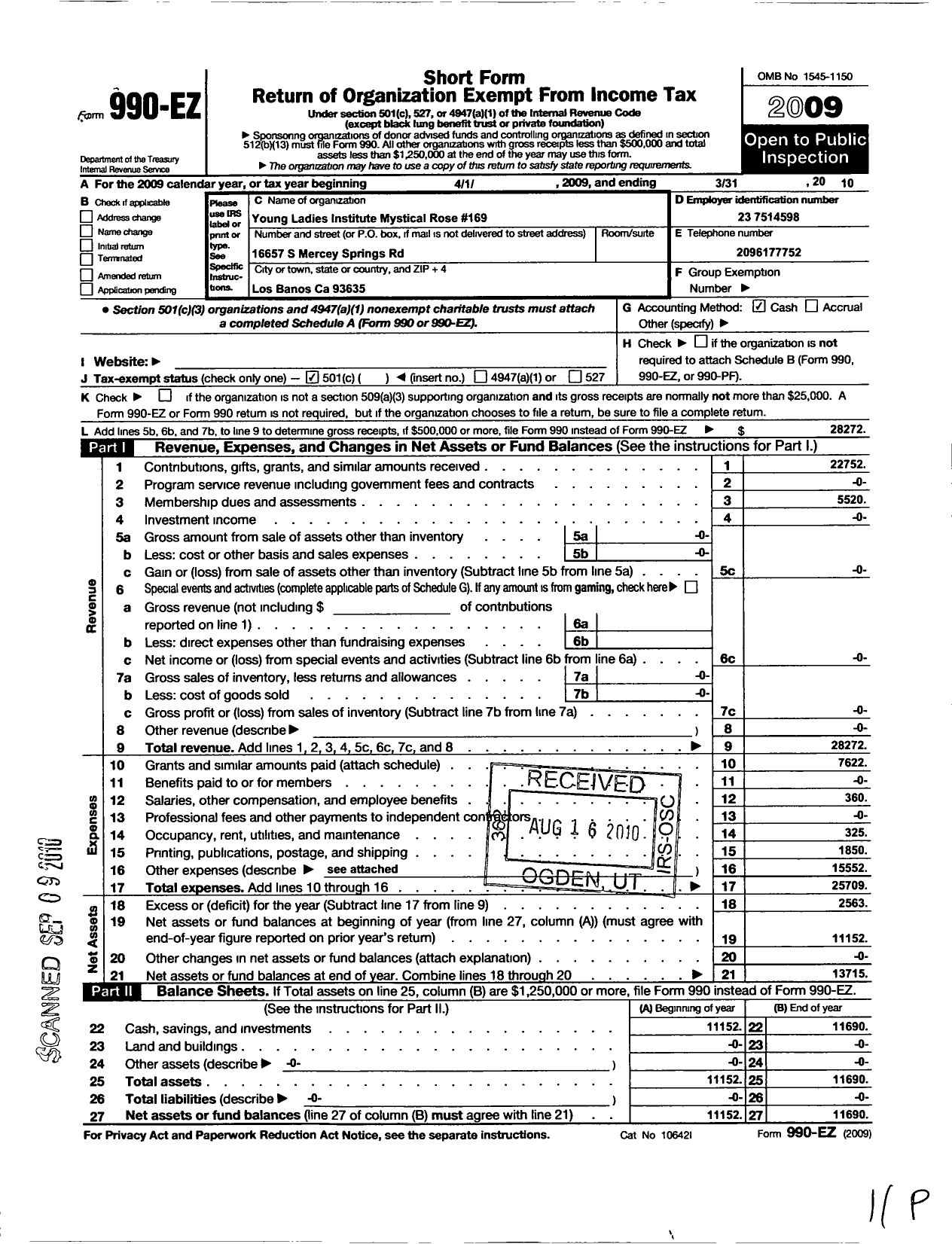 Image of first page of 2009 Form 990EO for Young Ladies Grand Institute - 171 Queen of Angels