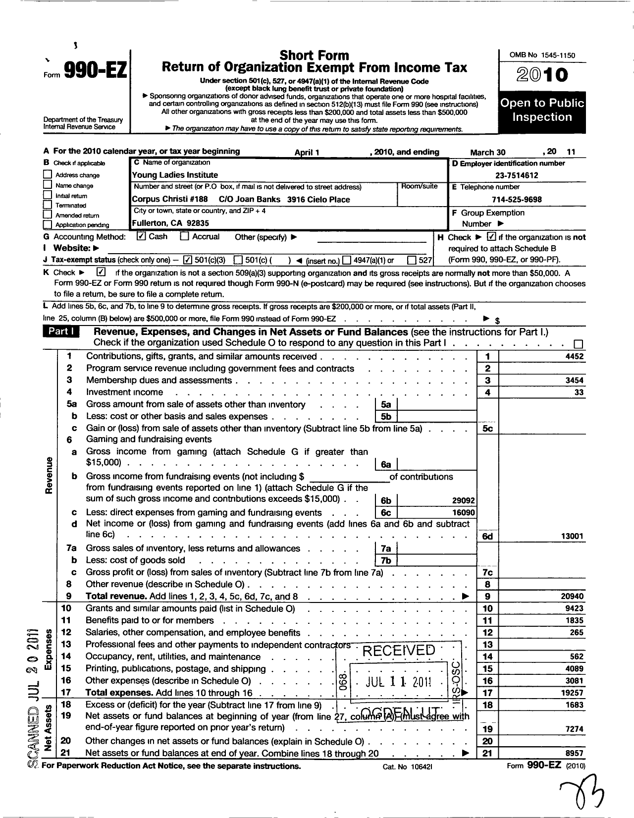 Image of first page of 2010 Form 990EZ for Young Ladies Grand Institute - 188 Corpus Christi