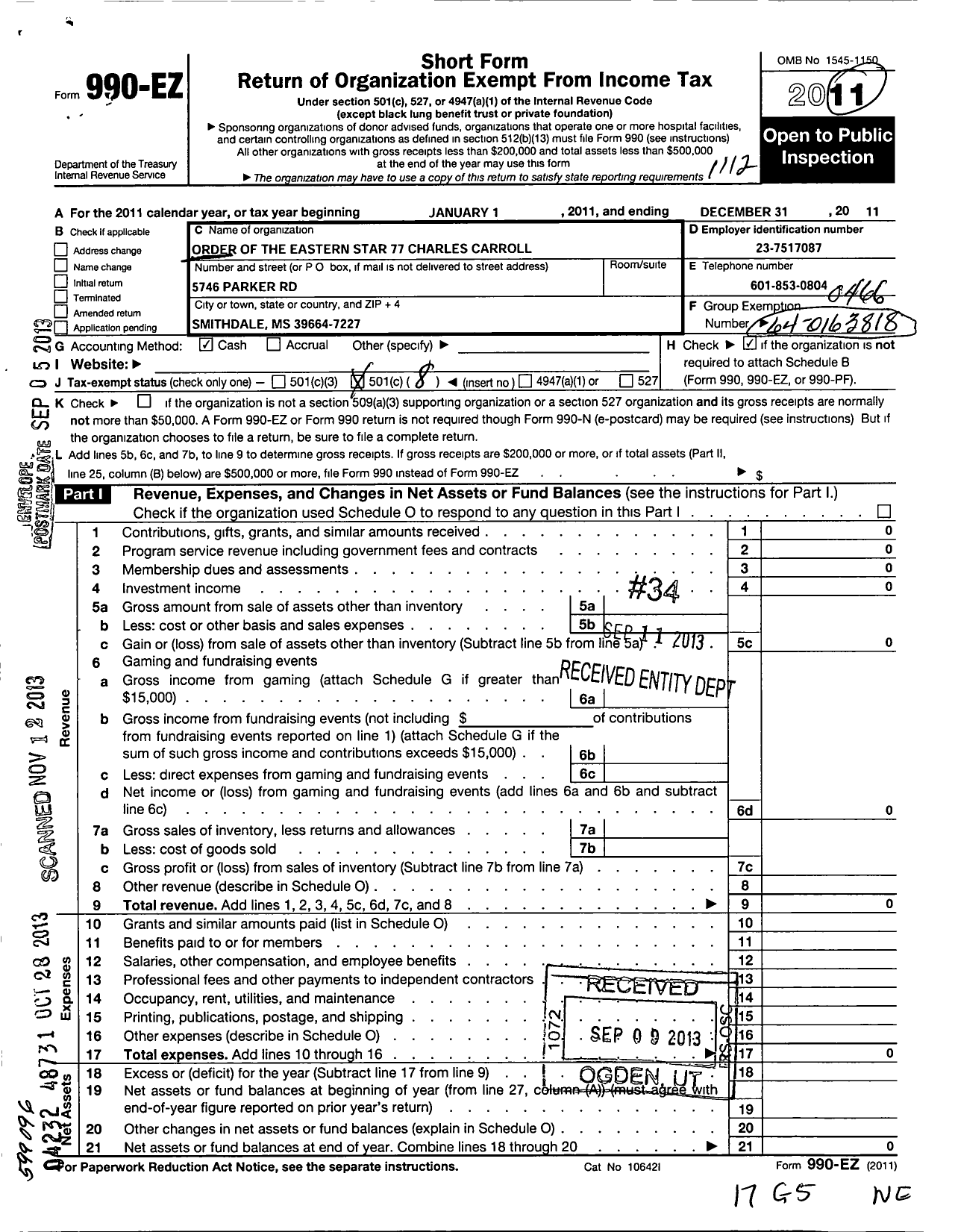 Image of first page of 2011 Form 990EO for Order of the Eastern Star of Mississippi - 77 Charles Carroll Liberty