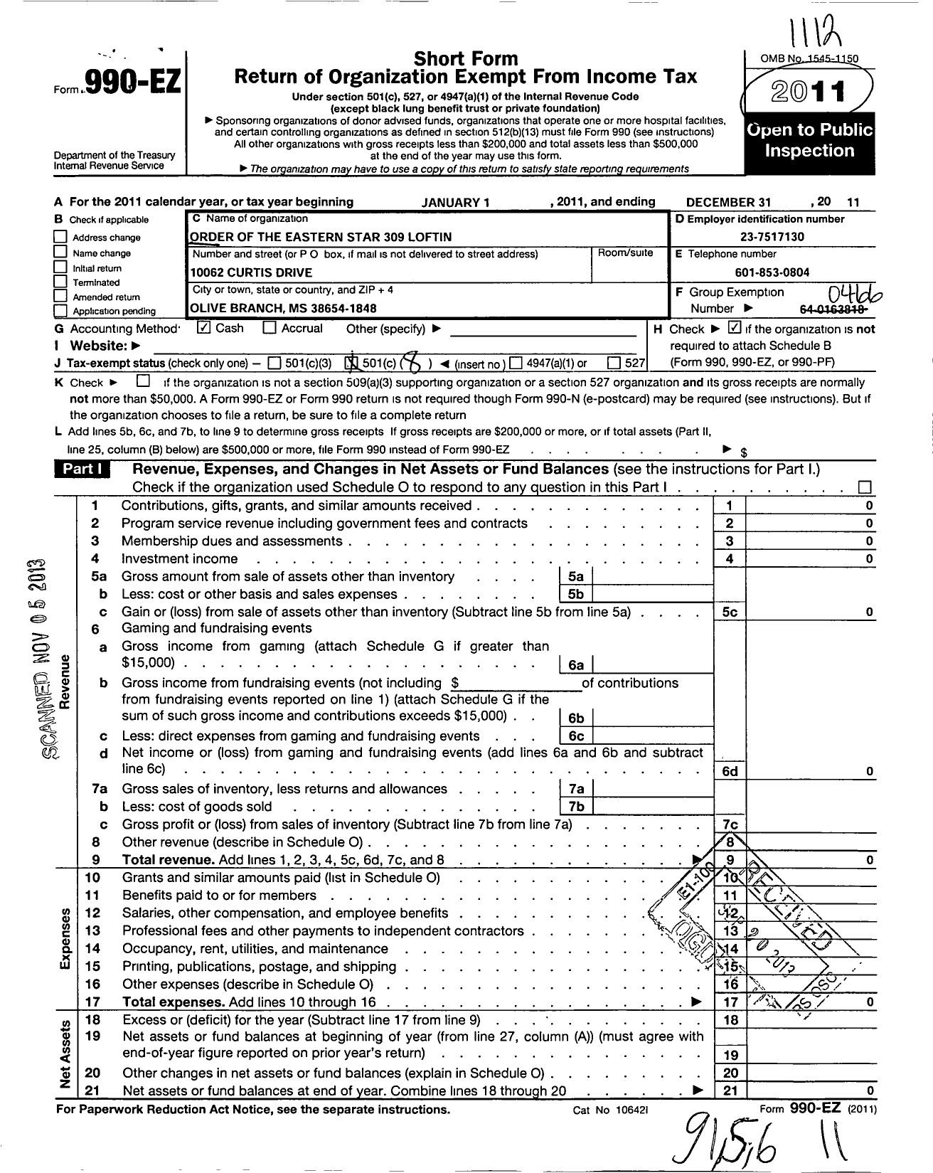 Image of first page of 2011 Form 990EO for Order of the Eastern Star of Mississippi - 309 Loftin Olive Branch