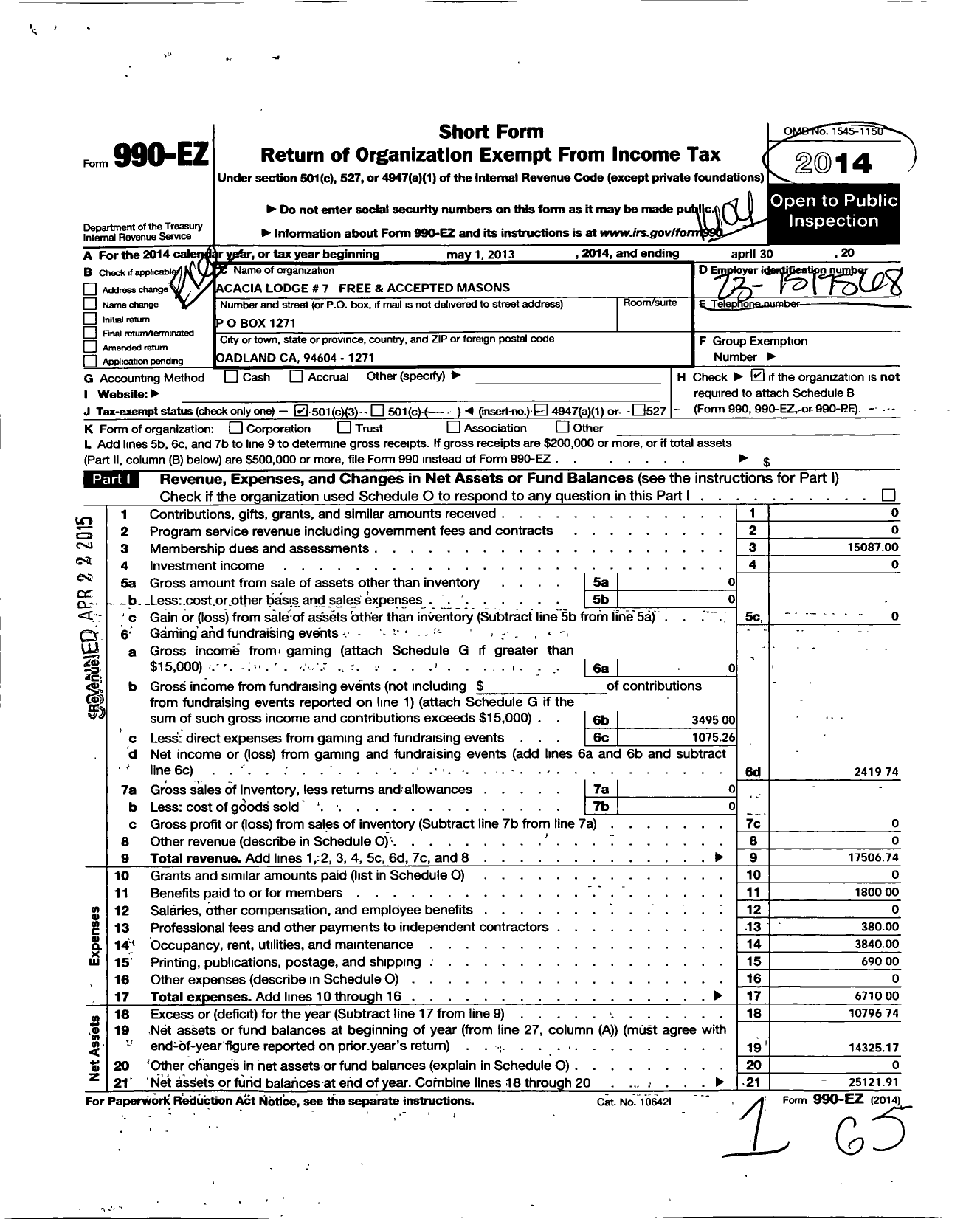 Image of first page of 2013 Form 990EZ for Free and Accepted Masons of California - 7 Acacia Lodge