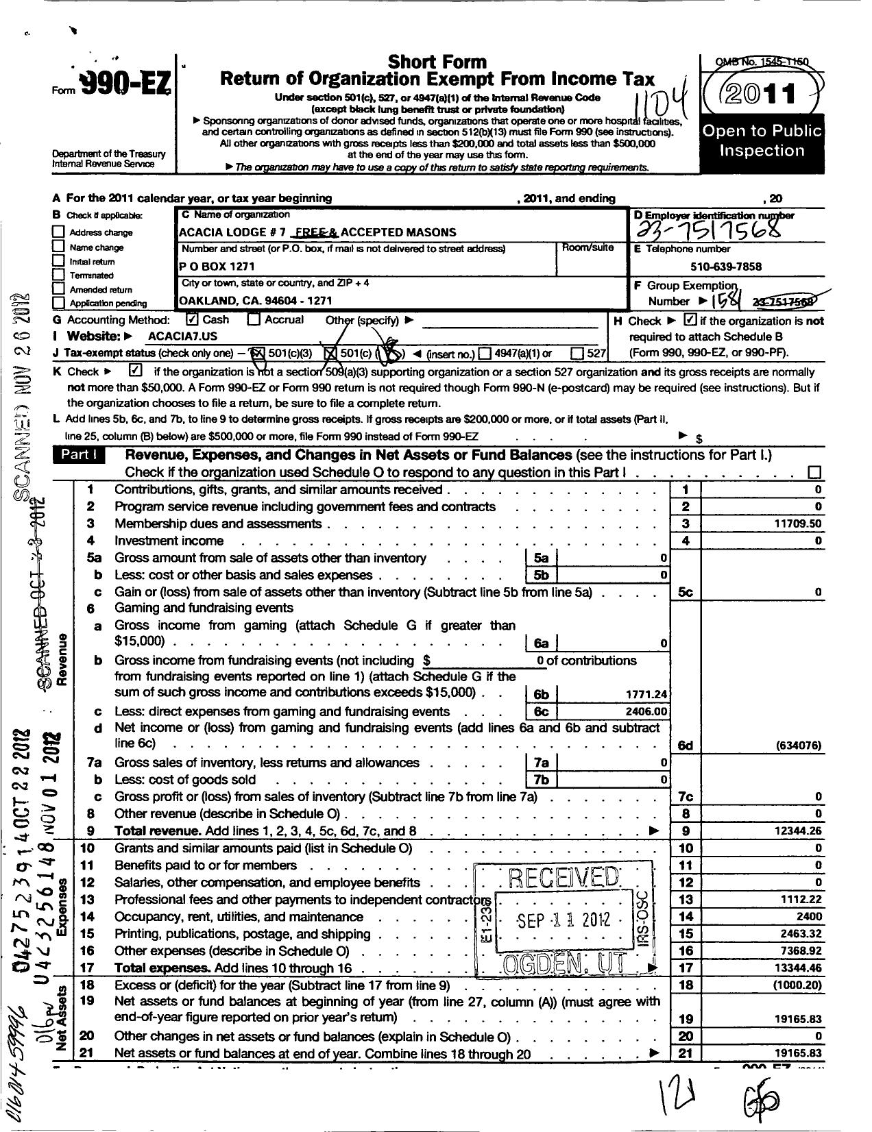 Image of first page of 2010 Form 990EO for Free and Accepted Masons of California - 7 Acacia Lodge