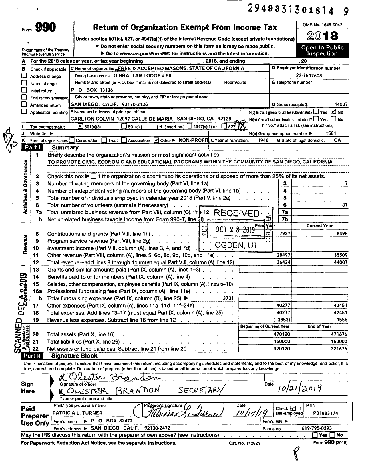 Image of first page of 2018 Form 990O for Free and Accepted Masons of California - Gibraltar 58