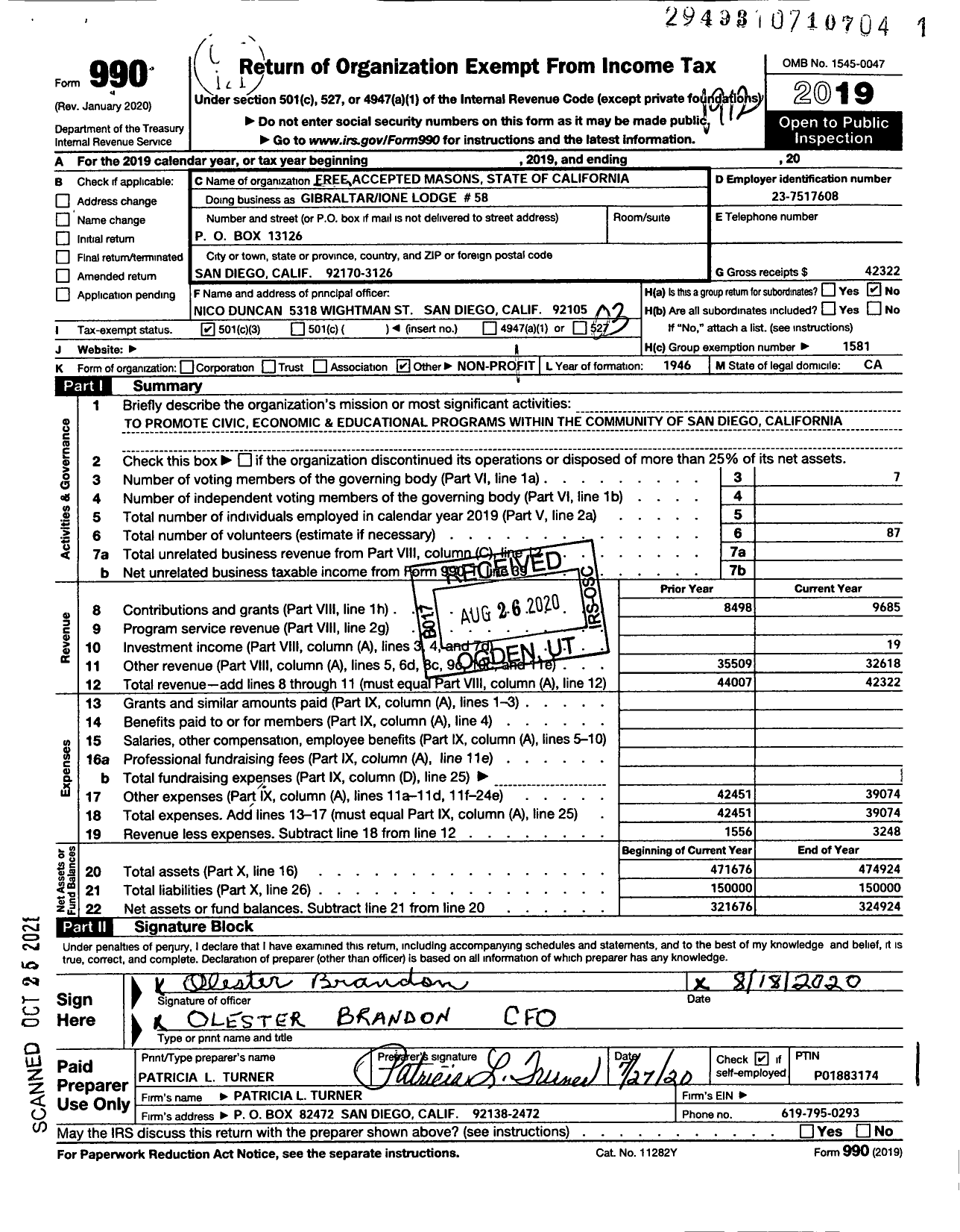 Image of first page of 2019 Form 990 for Free and Accepted Masons of California - Gibraltar 58