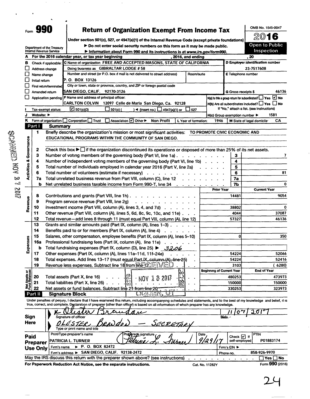 Image of first page of 2016 Form 990 for Free and Accepted Masons of California - Gibraltar 58