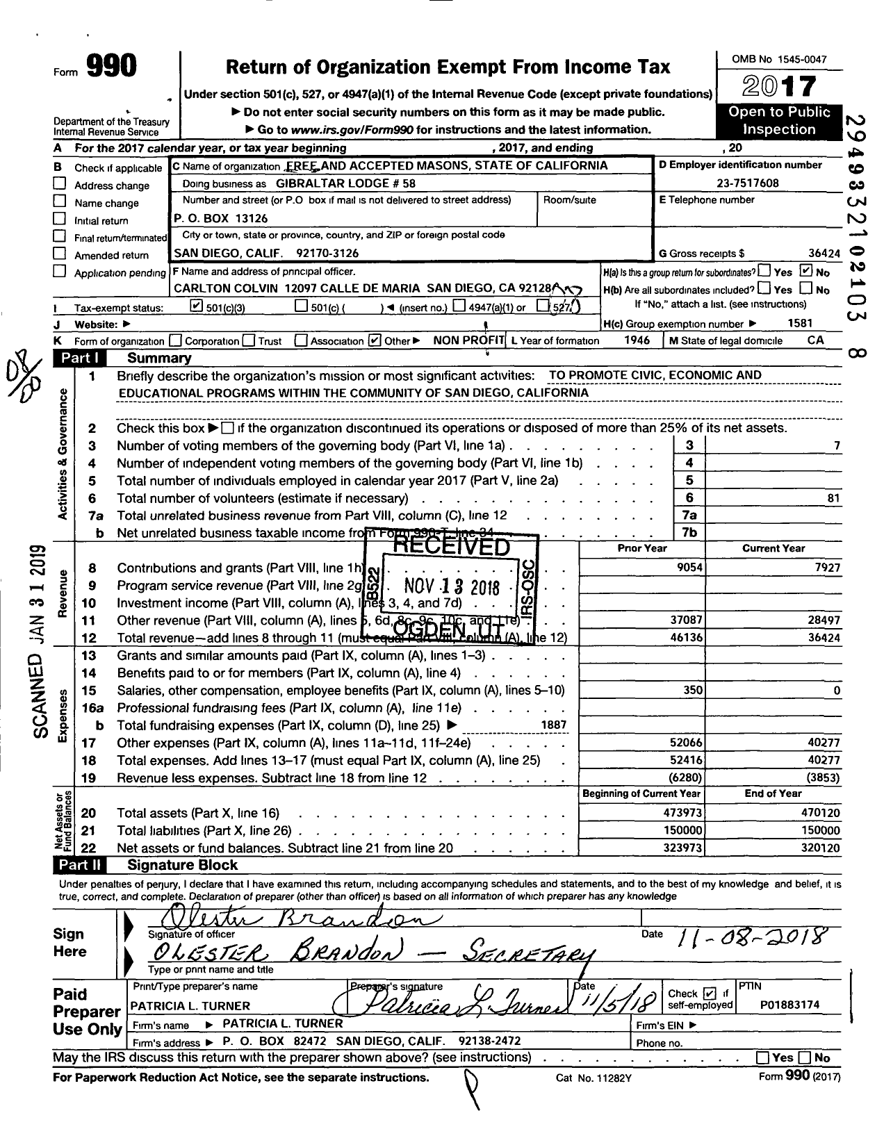 Image of first page of 2017 Form 990O for Free and Accepted Masons of California - Gibraltar 58