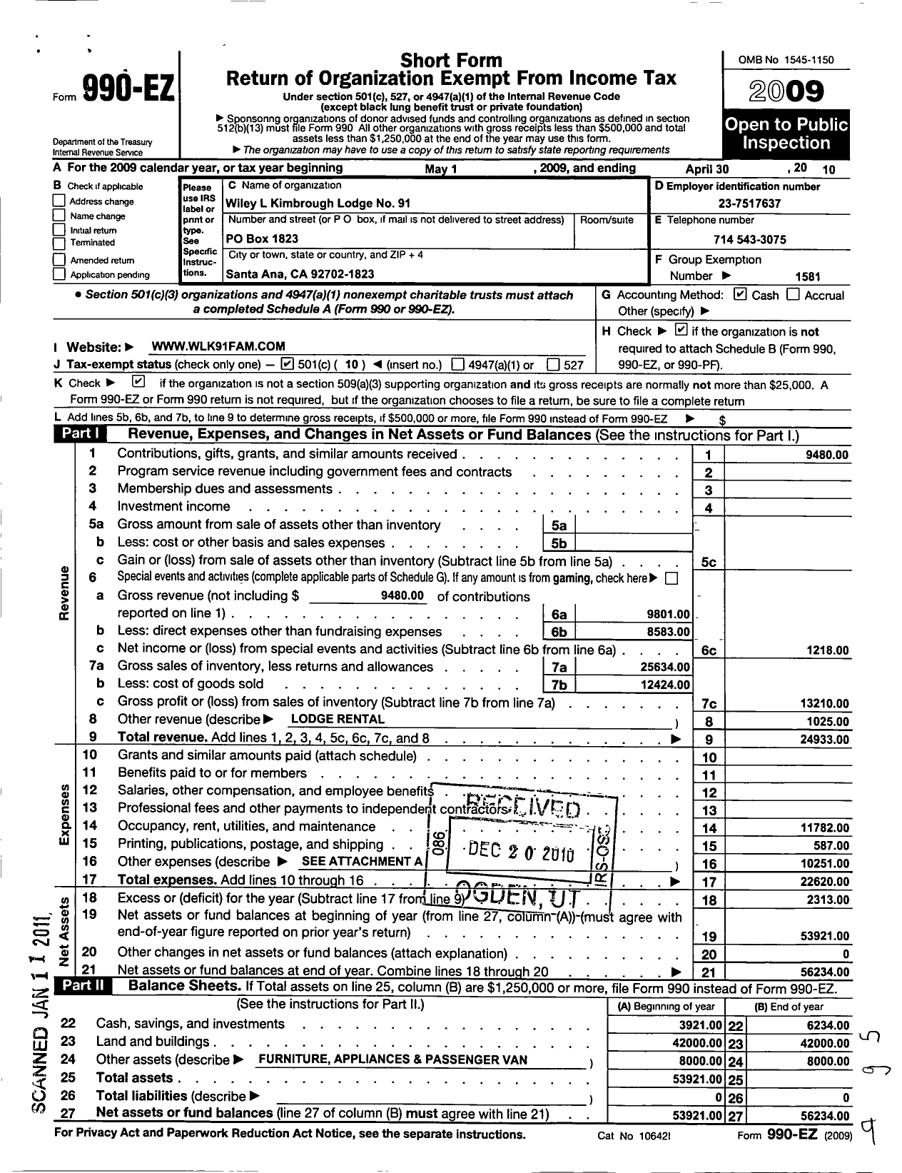 Image of first page of 2009 Form 990EO for Free and Accepted Masons of California - Wiley L Kimbrough 91