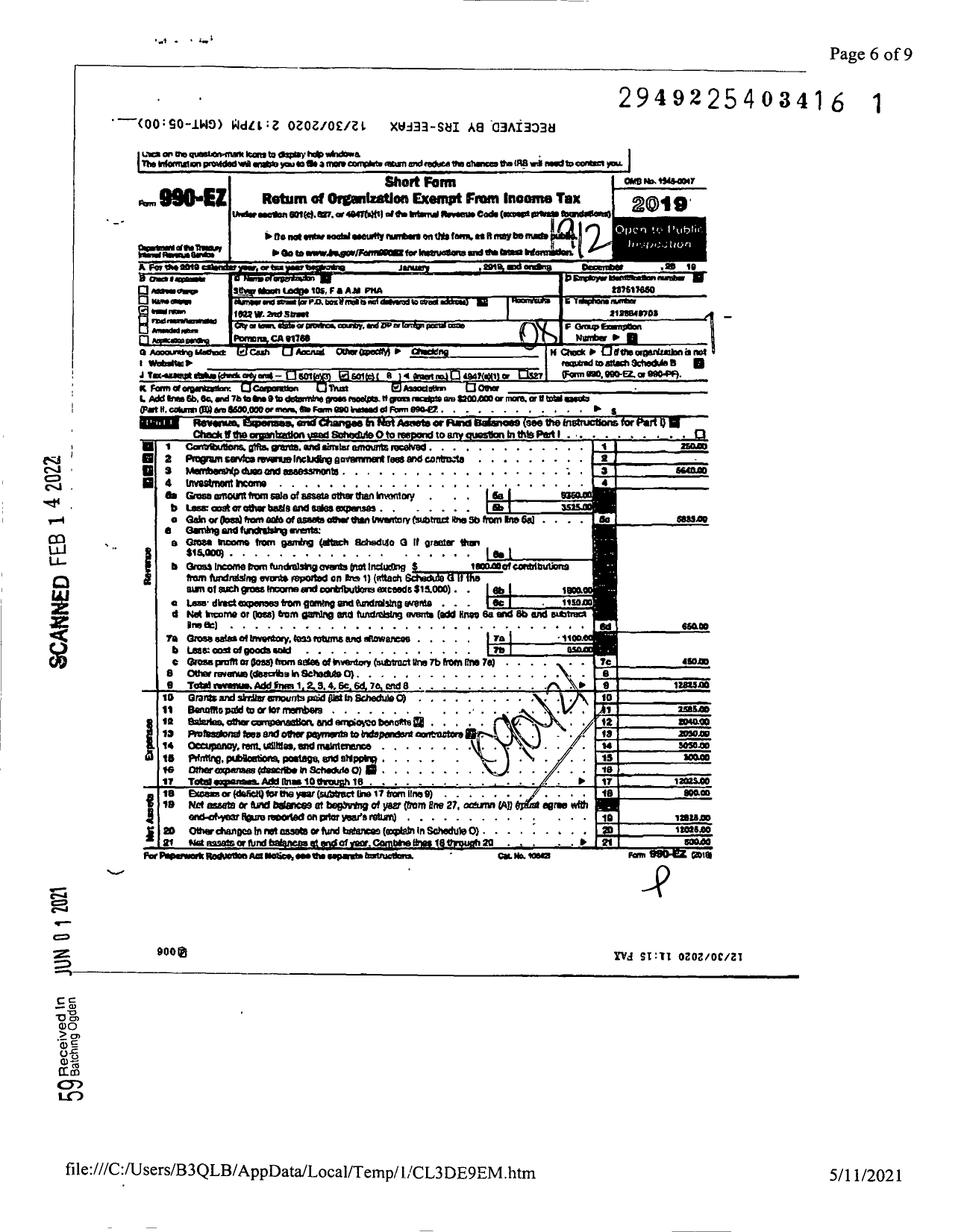 Image of first page of 2019 Form 990EO for Free and Accepted Masons of California - Silvermoon 105