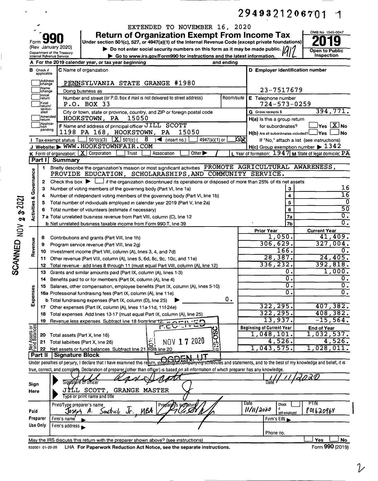 Image of first page of 2019 Form 990O for Pennsylvania State Grange of Patrons of Husbandry - 1980 Hookstown