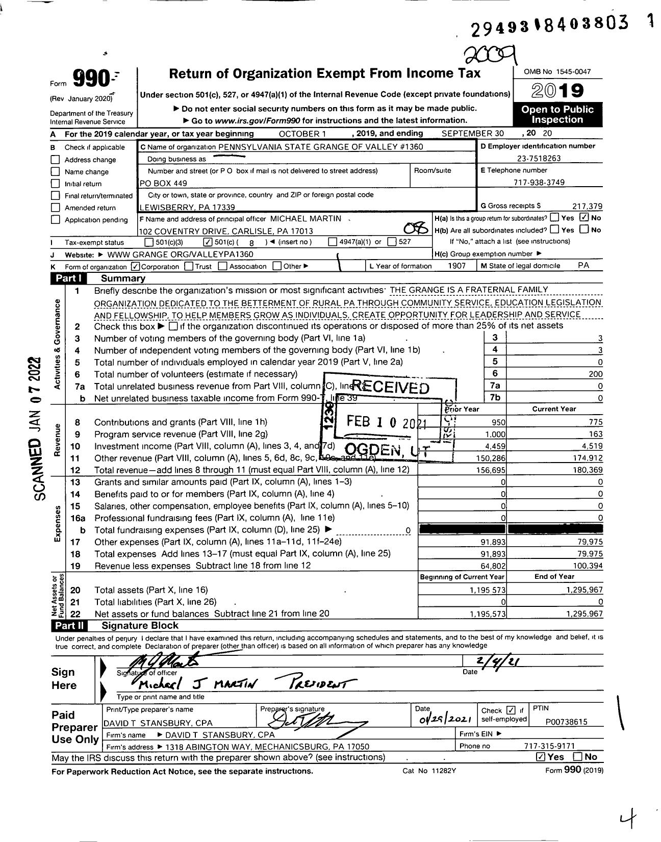 Image of first page of 2019 Form 990O for Pennsylvania State Grange of Patrons of Husbandry - 1360 Valley