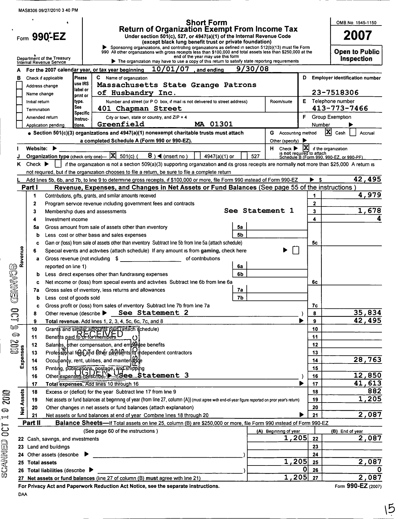 Image of first page of 2007 Form 990EO for Massachusetts State Grange Patrons of Husbandry - Guiding Star Grange 1