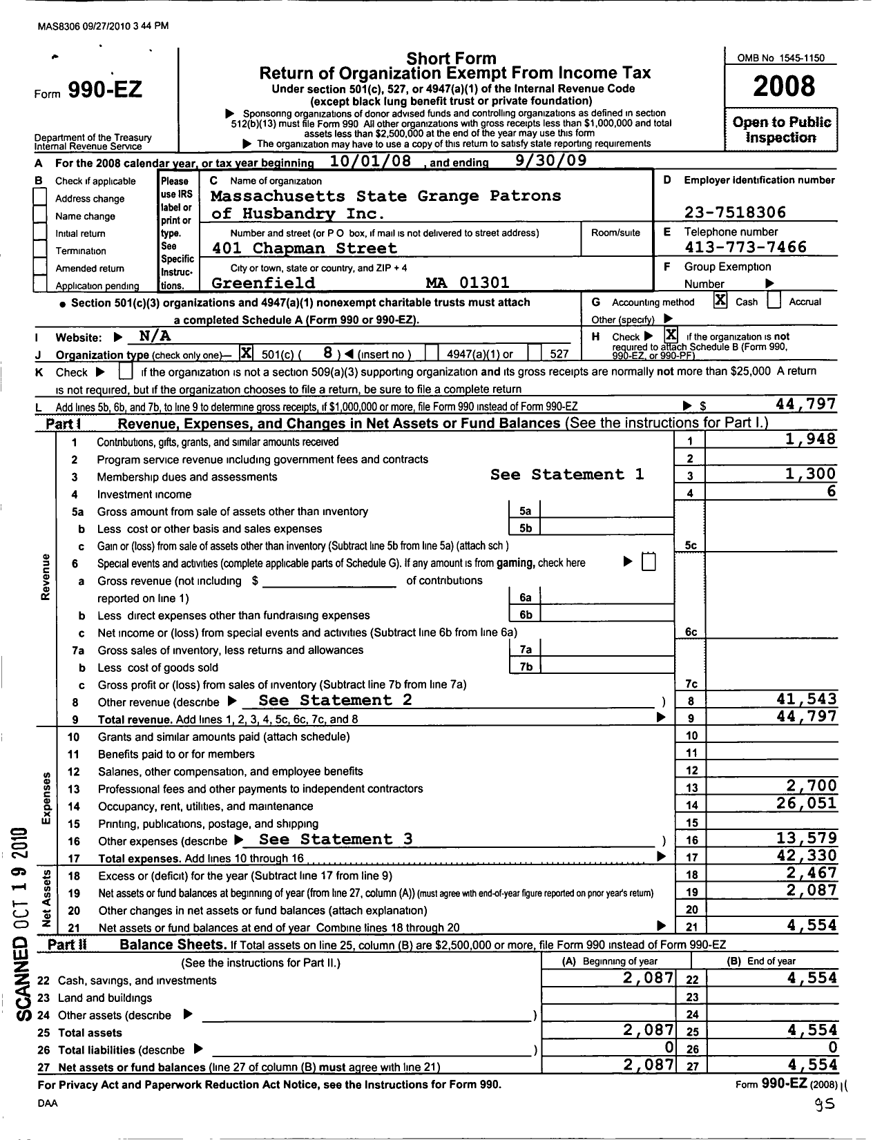 Image of first page of 2008 Form 990EO for Massachusetts State Grange Patrons of Husbandry - Guiding Star Grange 1