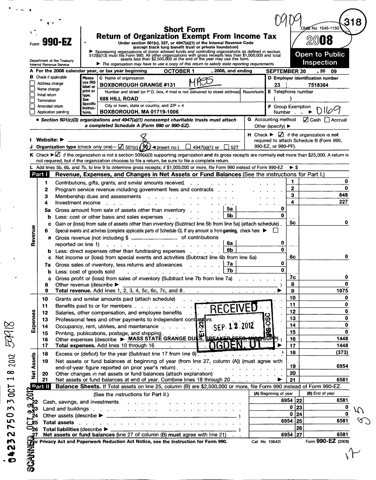 Image of first page of 2008 Form 990EO for Massachusetts State Grange Patrons of Husbandry - 131 Boxborough Grange