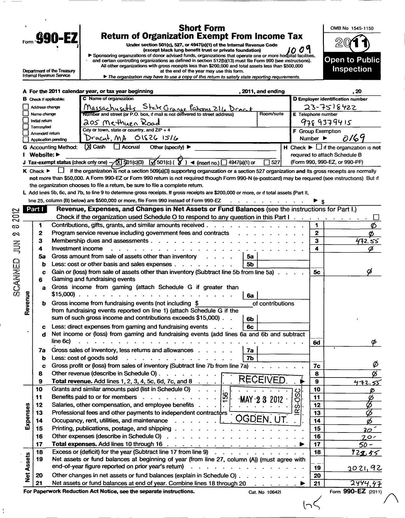 Image of first page of 2009 Form 990EO for Massachusetts State Grange Patrons of Husbandry - 216 Dracut Grange