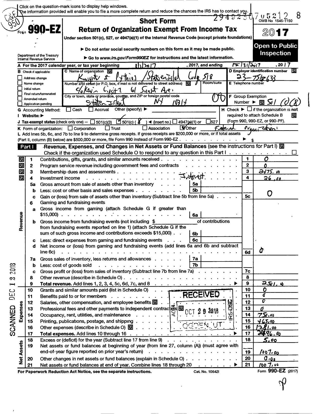 Image of first page of 2017 Form 990EO for Knights of Pythias New York Grand Lodge - 518 Staten Island