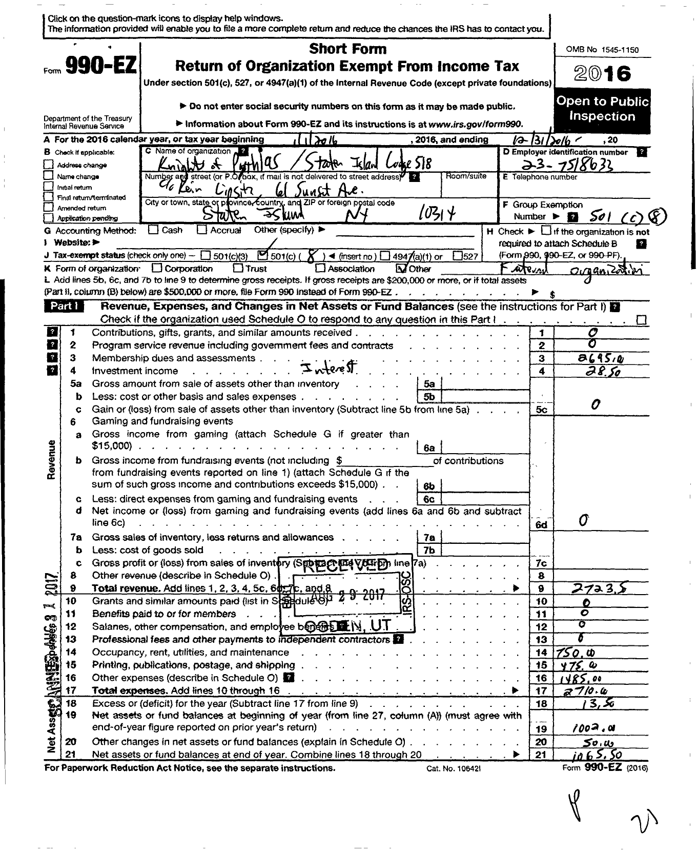 Image of first page of 2016 Form 990EO for Knights of Pythias New York Grand Lodge - 518 Staten Island